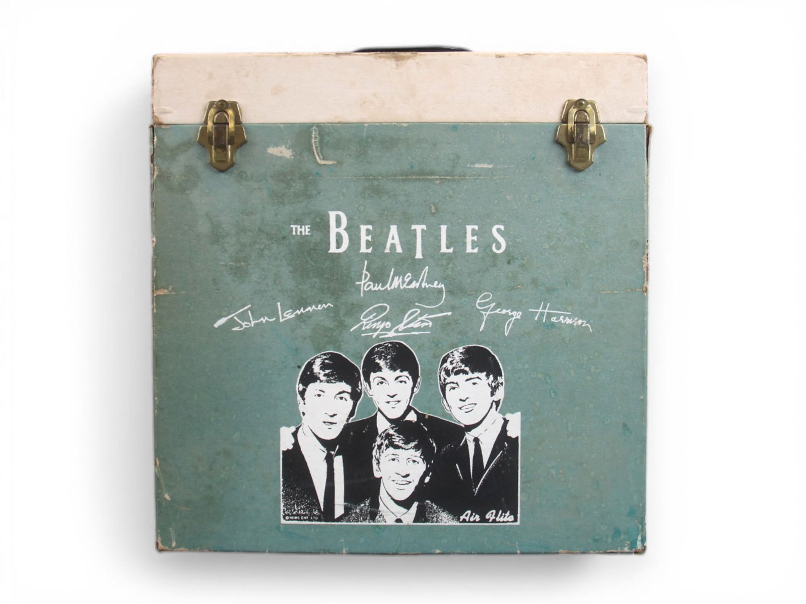 The Beatles Green LP Record Carry Case: Original "Beatles" LP Carry Case, Air Flite, copyright 1964, NEMS Ent Ltd. Textured paper over sturdy cardboard case with metal fasteners and hard plastic handle. Front shows all four Beatles with