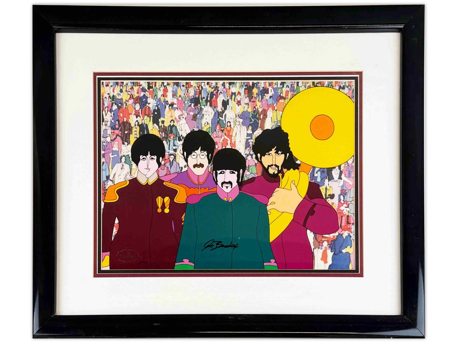 Beatles Yellow Submarine Cel, Signed Al Brodax: The Beatles "Yellow Submarine" hand painted limited edition animation cel. Features large images of John, Paul, Ringo, and George. Hand signed by Al Brodax, producer of both The Yellow Submarine and T