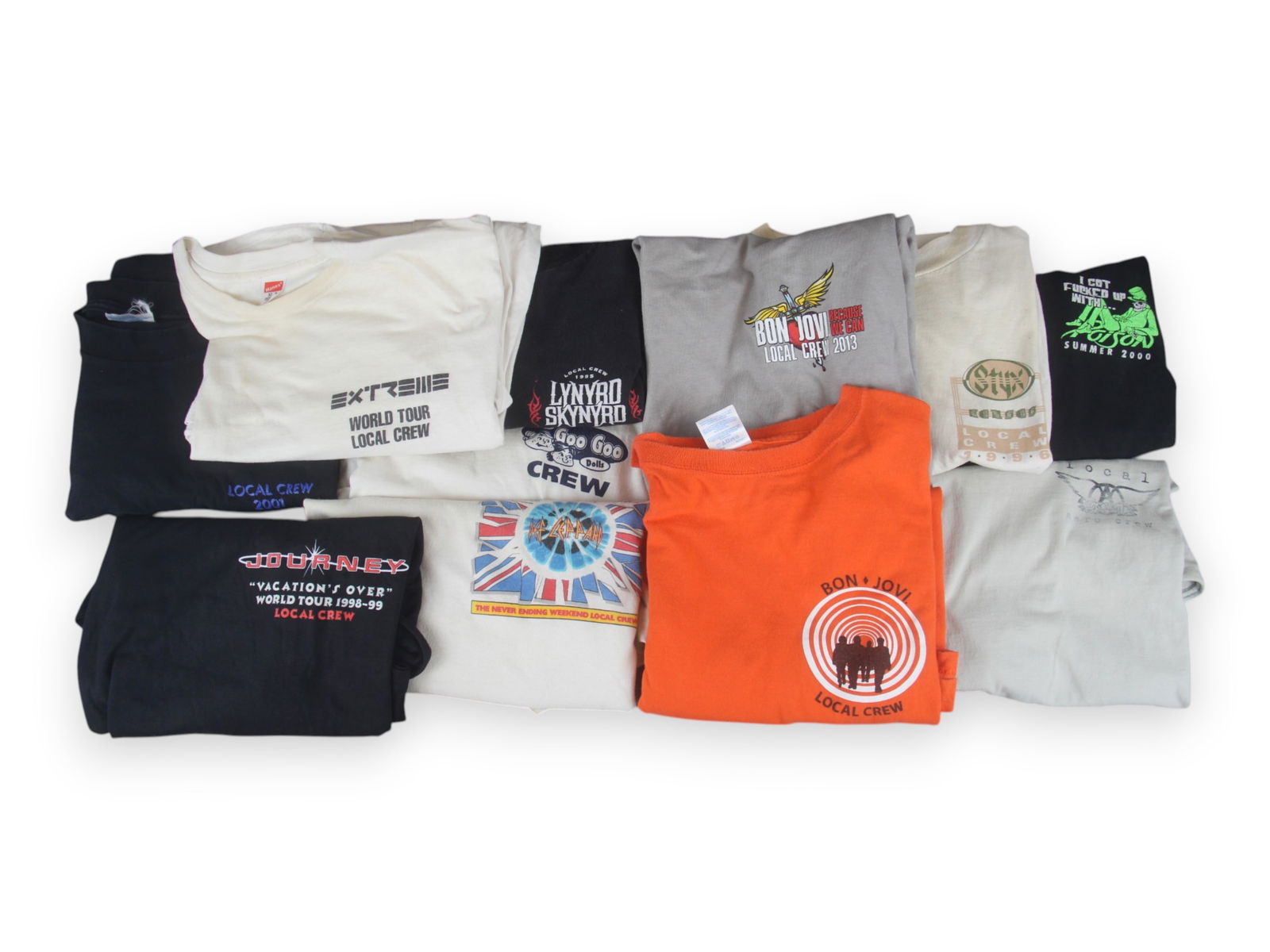 (11) Rock Bands Crew T-Shirts: (11) Rock Bands Local Crew T-Shirts, given to the local stage crew at concerts, 1) Poison 2000 "I got Fucked Up with Poison"; 2) Journey "Vacations Over World Tour" 1998-99; 3) Def Leppard "The Never