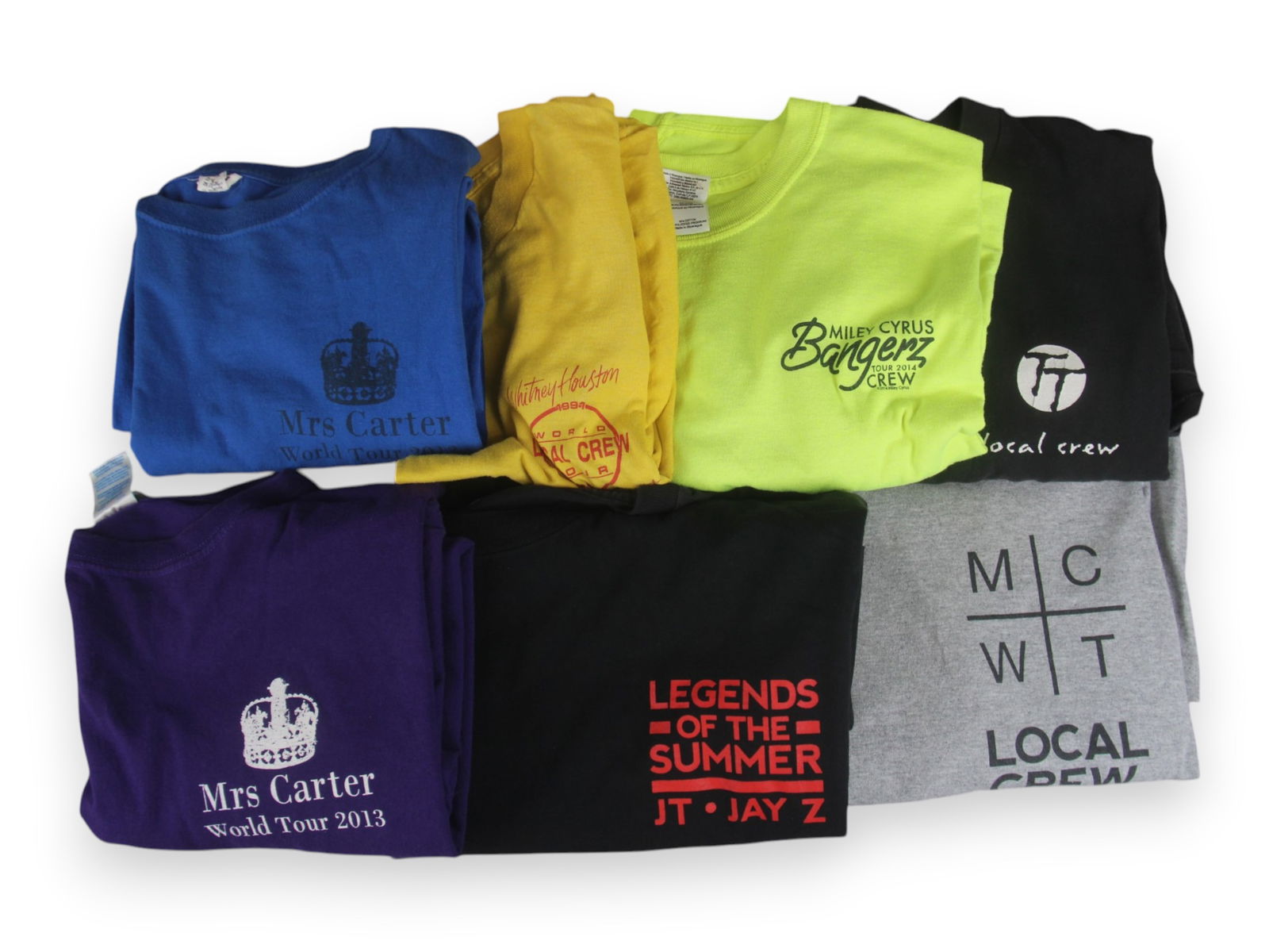 (14) Popular Musical Acts Crew T-Shirts: (14) Popular Musical Acts Local Crew T-Shirts, given to the local stage crew at concerts, 1-2) Beyonce, Mrs. Carter World Tour 2013, one purple, one blue; 3) JT, JZ "Legend of Summer" "Tour Staff" on