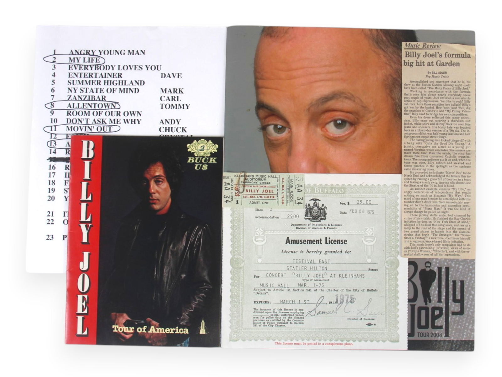 (5) Billy Joel Items Signed Set List, 1975 Ticket: (5) Billy Joel lot items, 1) Signed Set List, May 31, 2008, Mohegan Sun, 2) 2008 Concert Tour Program, 3) Unused Concert Ticket, Kleinhan's Music Hall Auditorium, Symphony Circle, March 1, 1975, ticke