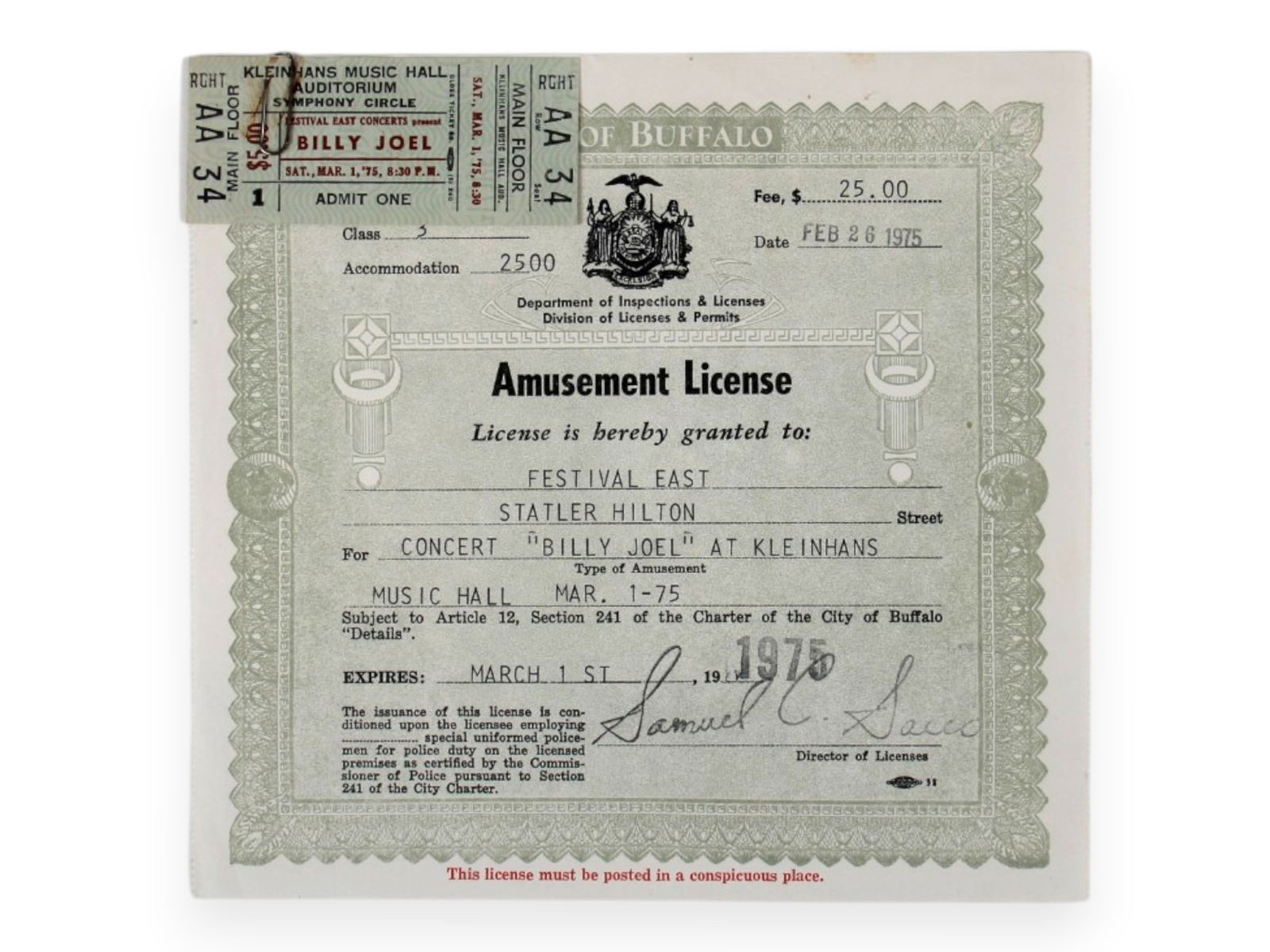 (5) Billy Joel Items Signed Set List, 1975 Ticket - 5