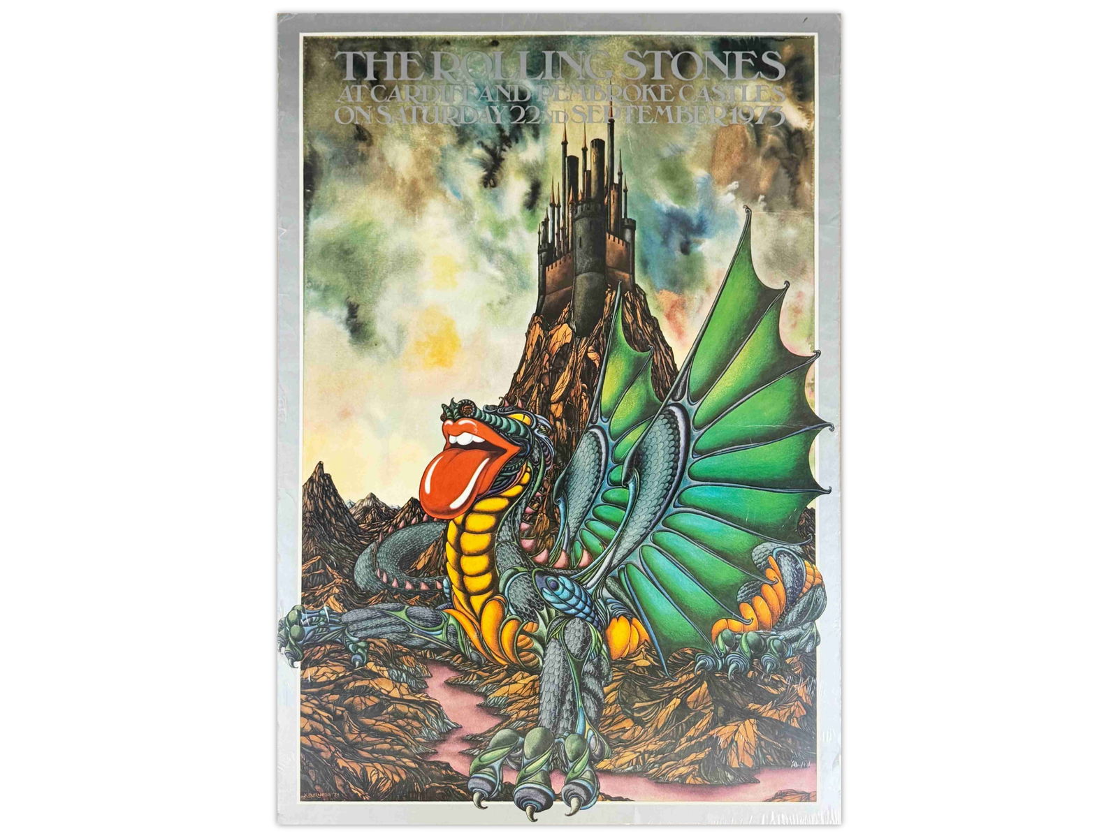 The Rolling Stones 1973 Cardiff, Wales Poster: Original Rolling Stones 1973 Cardiff, Wales U.K. Concert Poster (AOR 4.273), First Printing. Promoting a show in Cardiff, Wales, United Kingdom on Saturday September 22, 1973. Image designed by Kate B