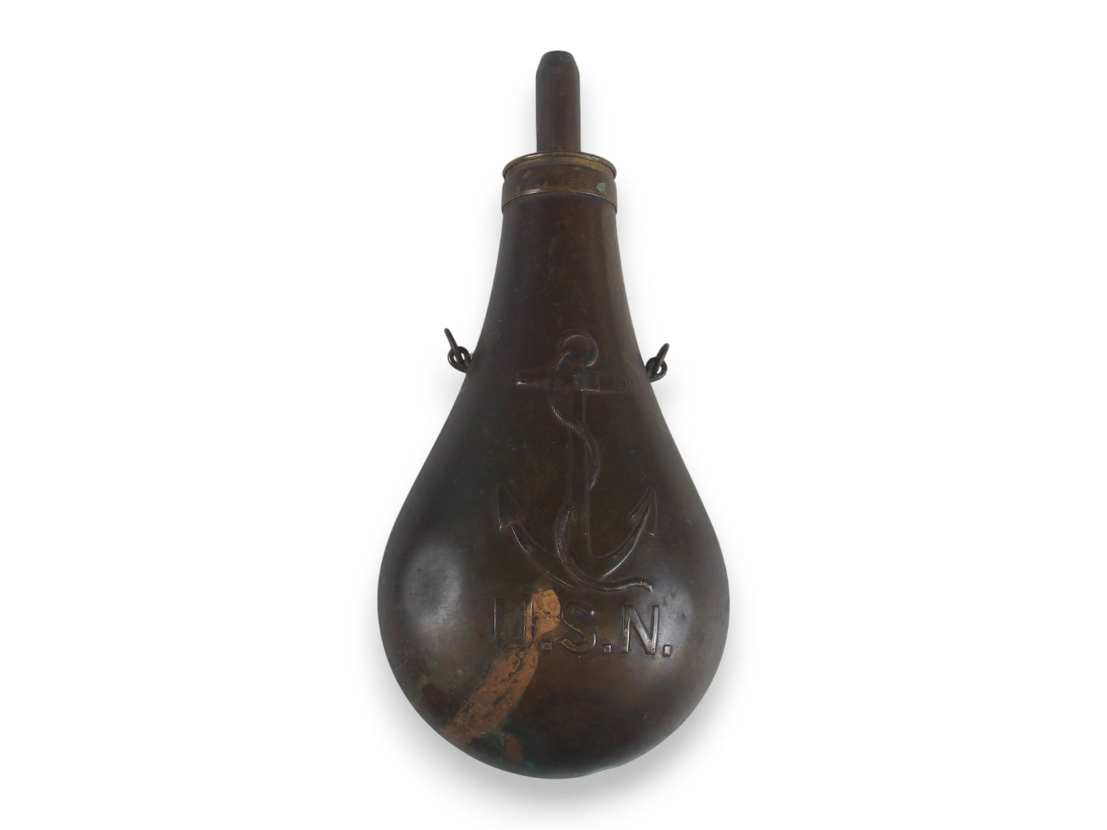 Circa Civil War Era Copper Naval Powder Flask: Fouled Anchor Powder Flask stamped 1848 approx. 9 1/2" tall. See images for condition details.Shipping: Weiss Auctions offers full-service, in-house shipping for nearly all items in this auction. For
