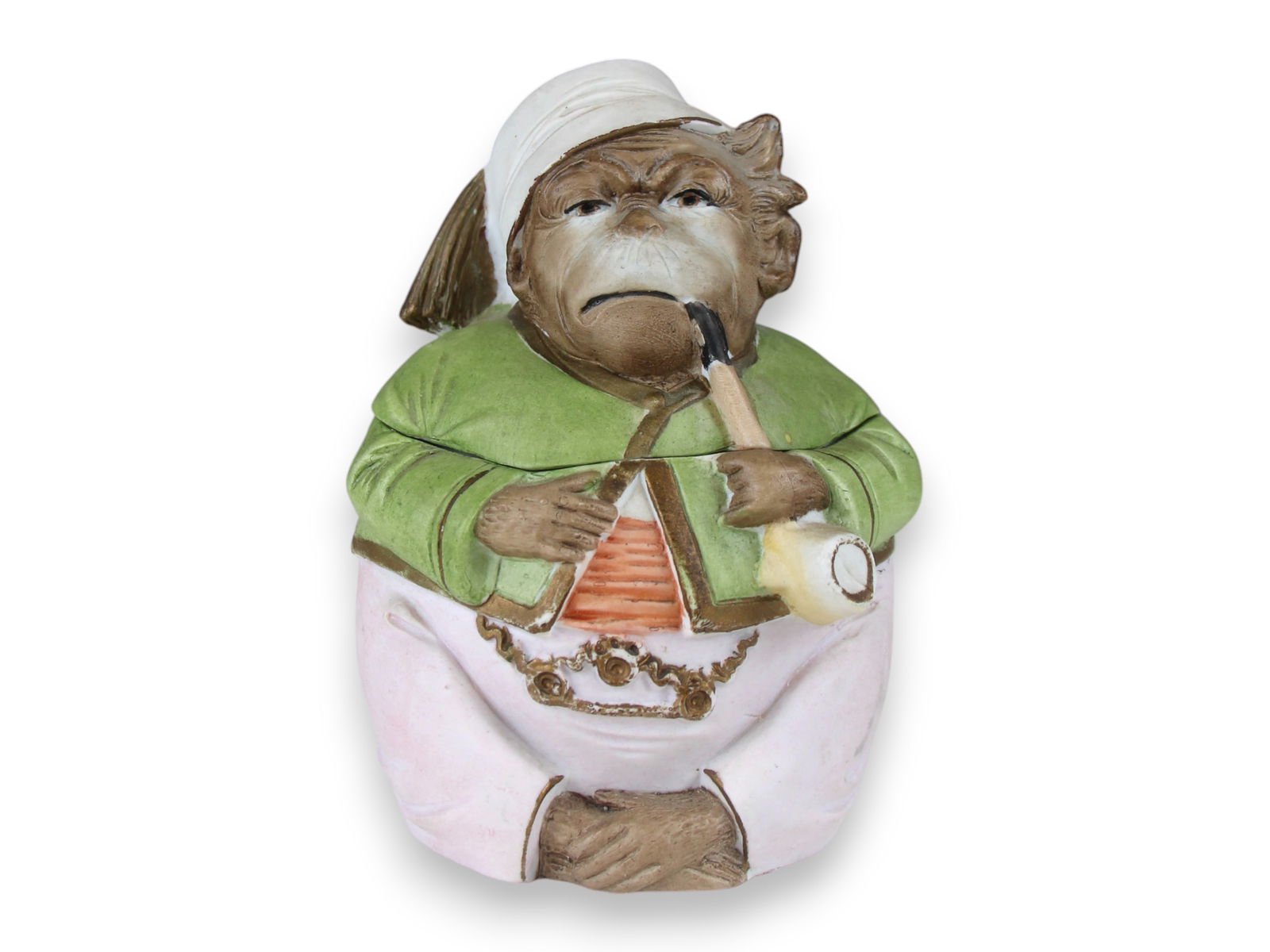 Bisque Tobacco Jar. Monkey Smoking Pipe: 6" Tall See images for details.Shipping: Weiss Auctions offers full-service, in-house shipping for nearly all items in this auction. For a shipping quote, please contact us prior to the sale at