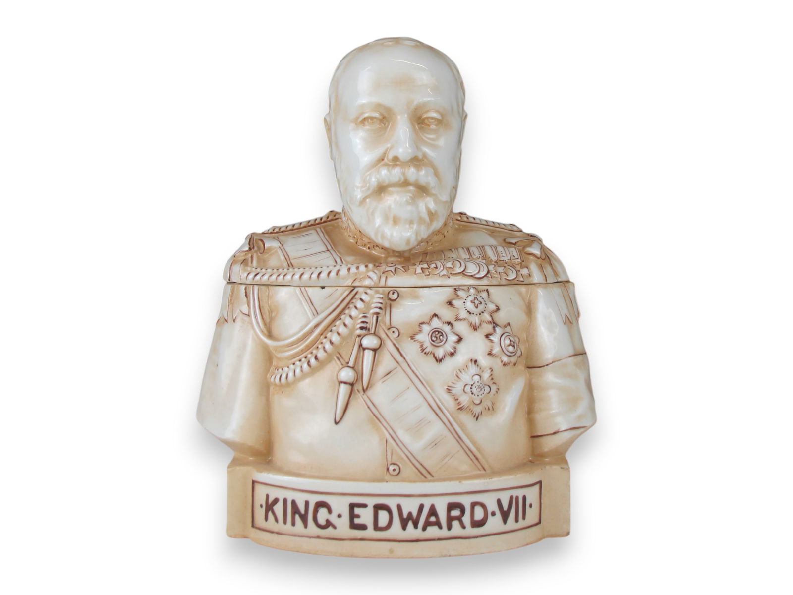 King Edward VII Tobacco Jar: Glazed Ceramic 9" tall. See images for details.Shipping: Weiss Auctions offers full-service, in-house shipping for nearly all items in this auction. For a shipping quote, please contact us prior to