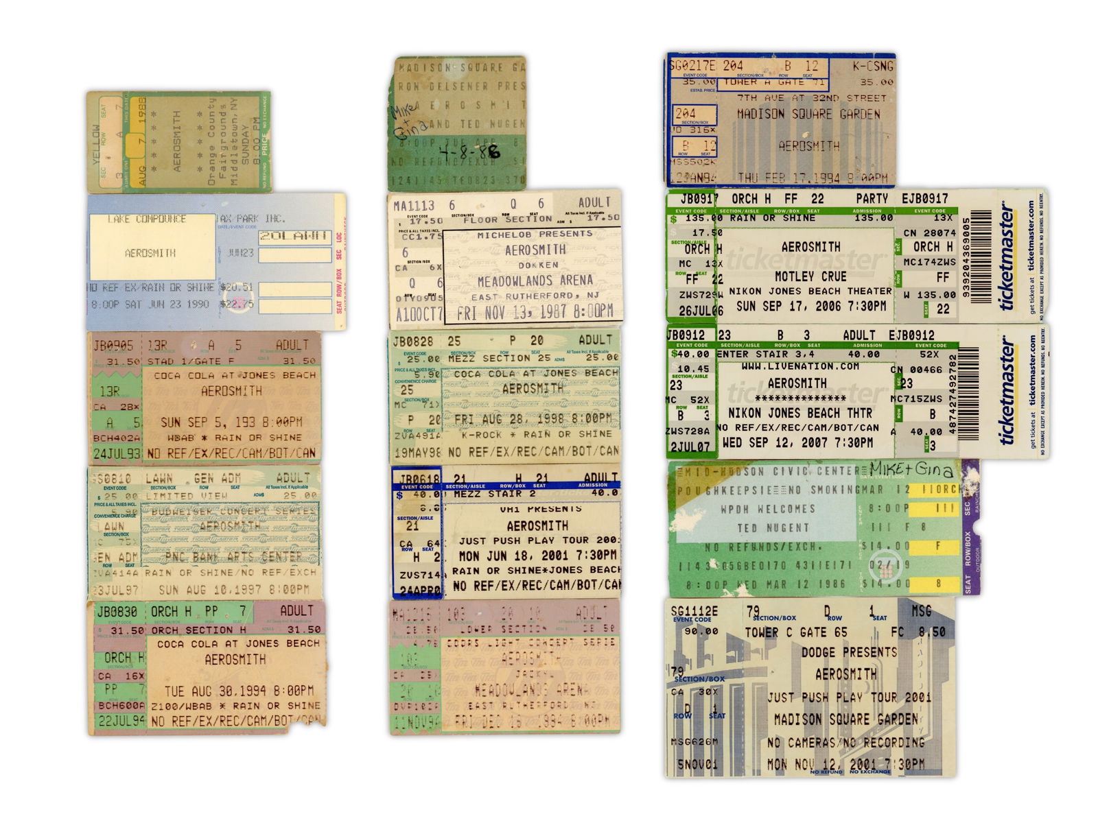 Rock and Roll Ticket Stub Lot: approx. 65 Rock N Rock concert Tickets from the early 1990's-2008. Various Venues and Groups. Includes Aerosmith, Kiss, Pat Benatar, Bon Jovi, Black Sabbath, Ozzy Osbourne and others.Shipping: Weiss
