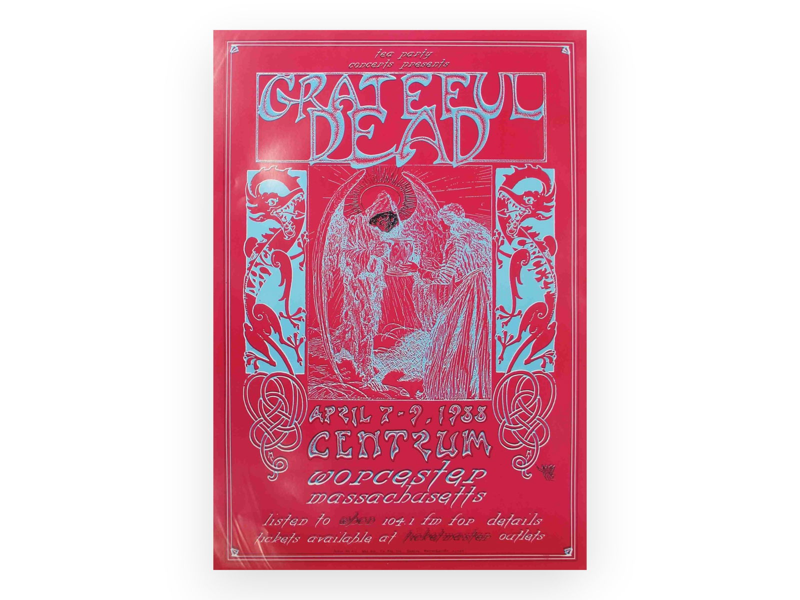Grateful Dead 1988 Worcester Concert Poster: Grateful Dead 1988 Concert Poster, Centrum, Worcester, MA, April 8-10, 1988, art by Dragonfly George Sargent, 16.5" x 23.25," Tea Party Concerts Presents, first and only printing, mint