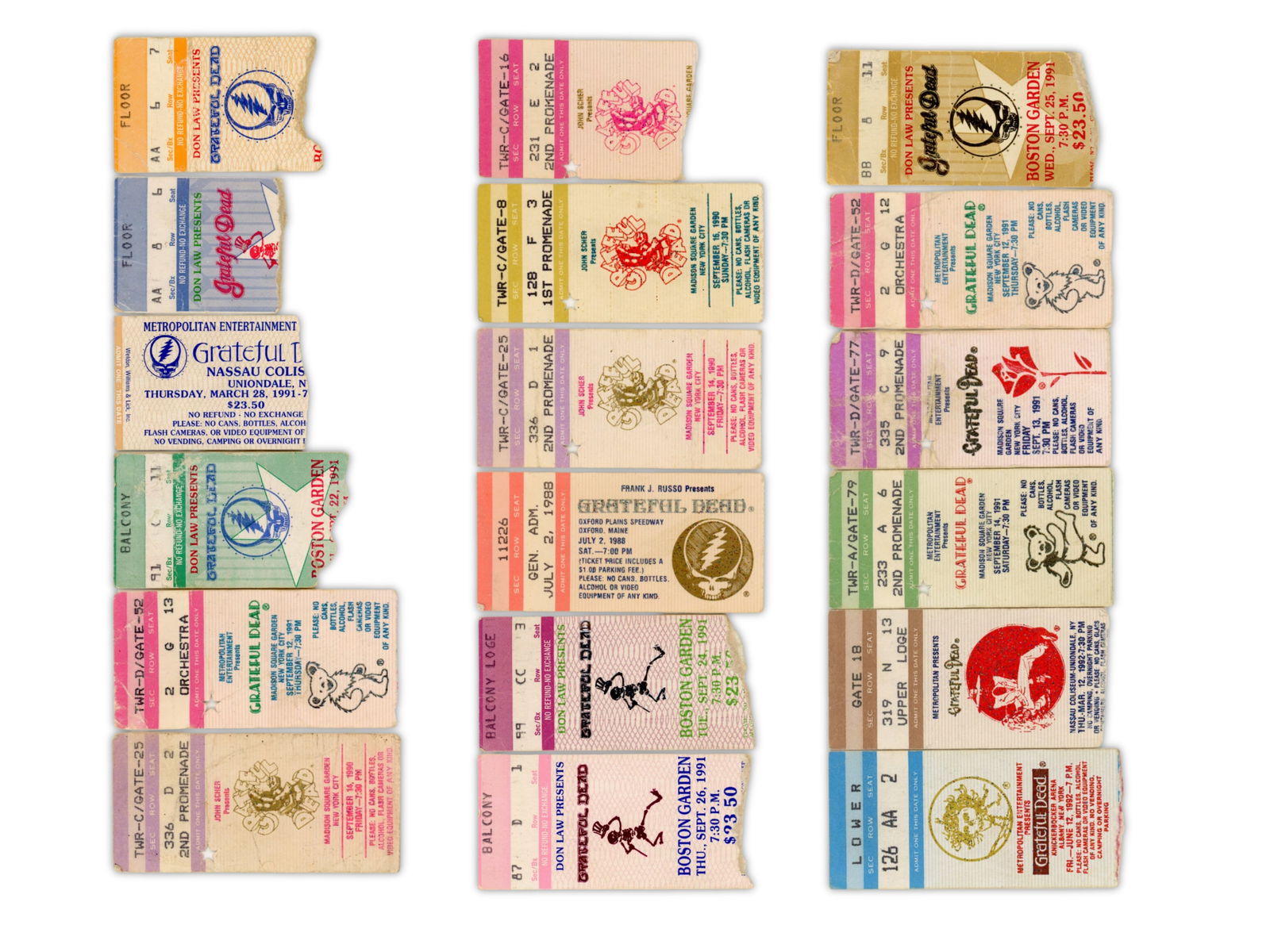 (53) Grateful Dead Ticket Stubs 1978- 1995: (53) Grateful Dead Ticket Stubs 1978-1996, printed tickets sold and mailed by the Grateful Dead, 1978 (1), 1979 (1), 1985 (2), 1987 (2), 1988 (1), 1990 (4), 1991 (11), 1992 (4), 1993 (17), 1994 (7),