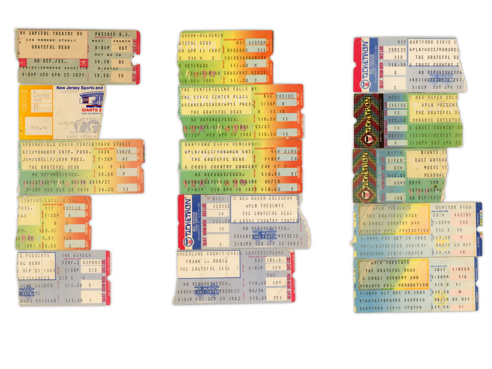 (62) Grateful Dead Ticket Stubs 1977- 2015: (62) Grateful Dead Ticket Stubs 1977-2015, electronic printed tickets, 1977 (1), 1978 (1), 1979 (1), 1981 (1), 1982 (7), 1983 (11), 1984 (2), 1987 (12), 1988 (2), 1989 (2), 1990 (2), 1991 (3), 1992