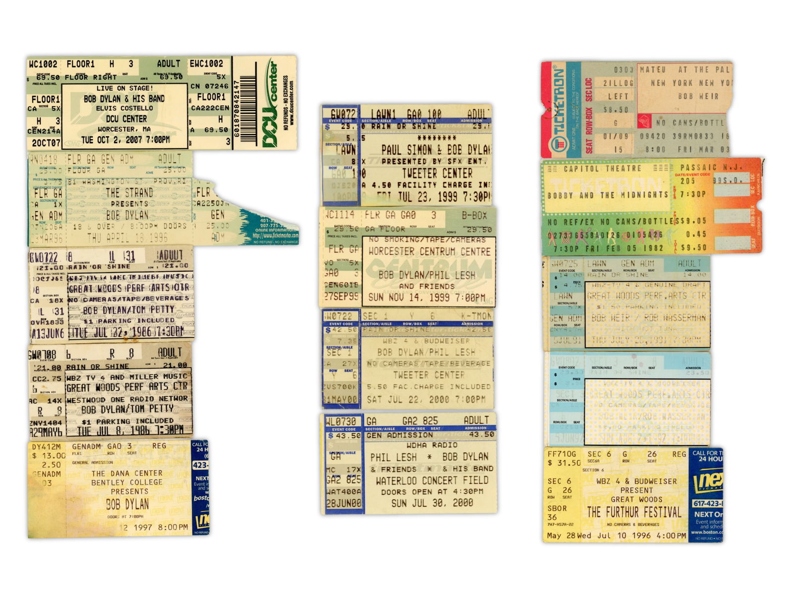 (58) Bob Dylan Bob Weir Phil Lesh Ticket Stubs: (50) Bob Dylan, Bob Weir, Phil Lesh, Further, Dead & Company Ticket Stubs 1978-2018; 1978 (1), 1982 (1), 1986 (2), 1991 (1), 1992 (1), 1996 (2), 1997 (2), 1998 (1), 1999 (2), 2000 (3), 2001 (2), 2003