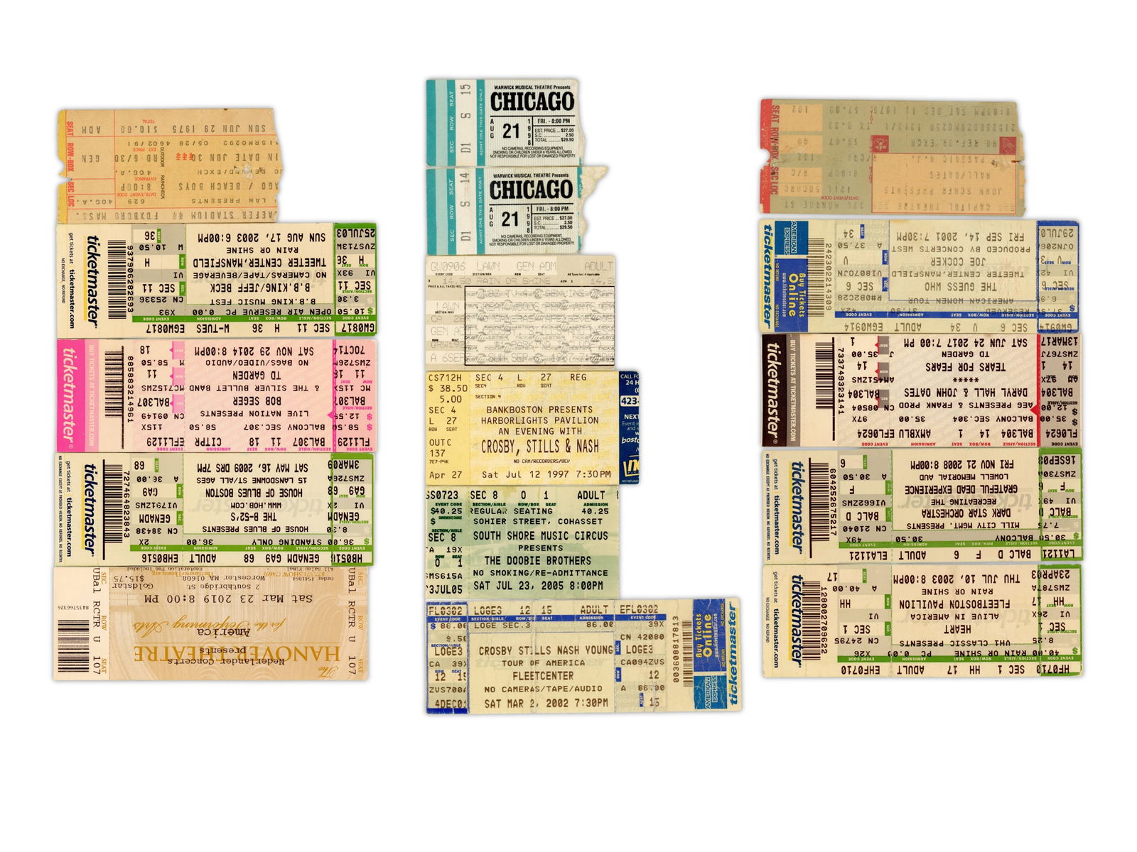 (36) American Musical Acts Ticket Stubs: (36) American Musical Acts Ticket Stubs, America (1), B52s (1), BB King (1), Beach Boys (1), Bob Seger (1), Chicago (2), Crosby, Stills, and Nash (3), Dark Star Orchestra (1), Doobie Brothers (1),