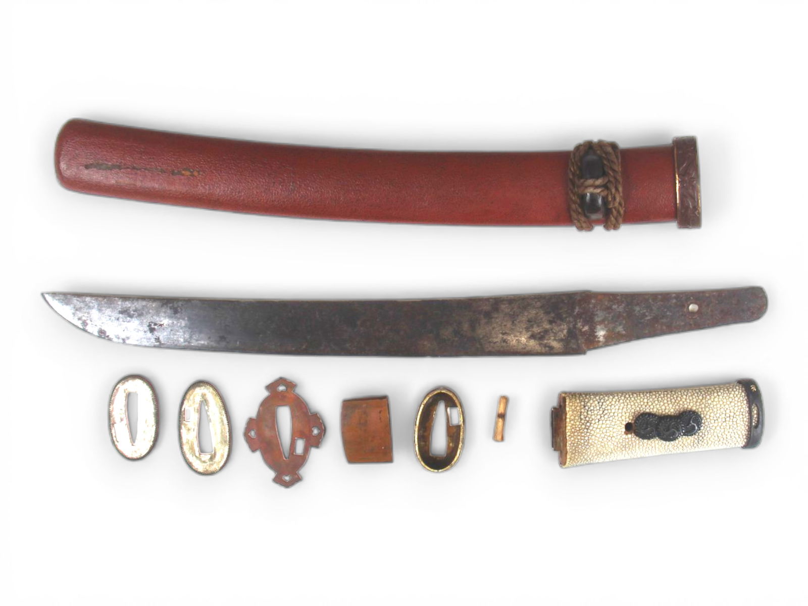 Japanese Tanto Late Edo Period: Japanese Tanto, appears to be Late Edo Period, unsigned. Disassembled. Matching numbers on various parts. Civilian mounts. Blade approx. 14 1/8'' long (including Tang).Shipping: Weiss Auctions