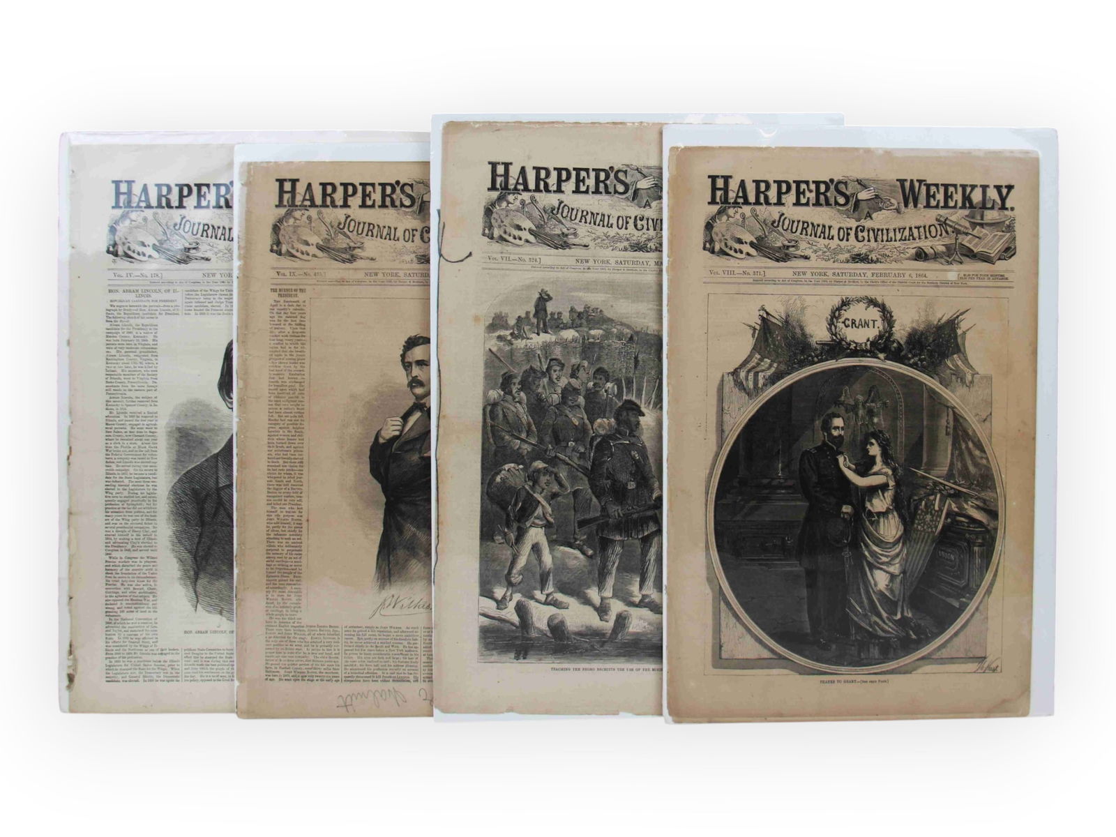 (4) Harper's Weekly Civil War Issues: Group of four original Harper's Weekly, A Journal of Civilization newspapers, published in New York during the Civil War era. Includes: February 6, 1864 issue featuring "Thanks to Grant"; March 14,
