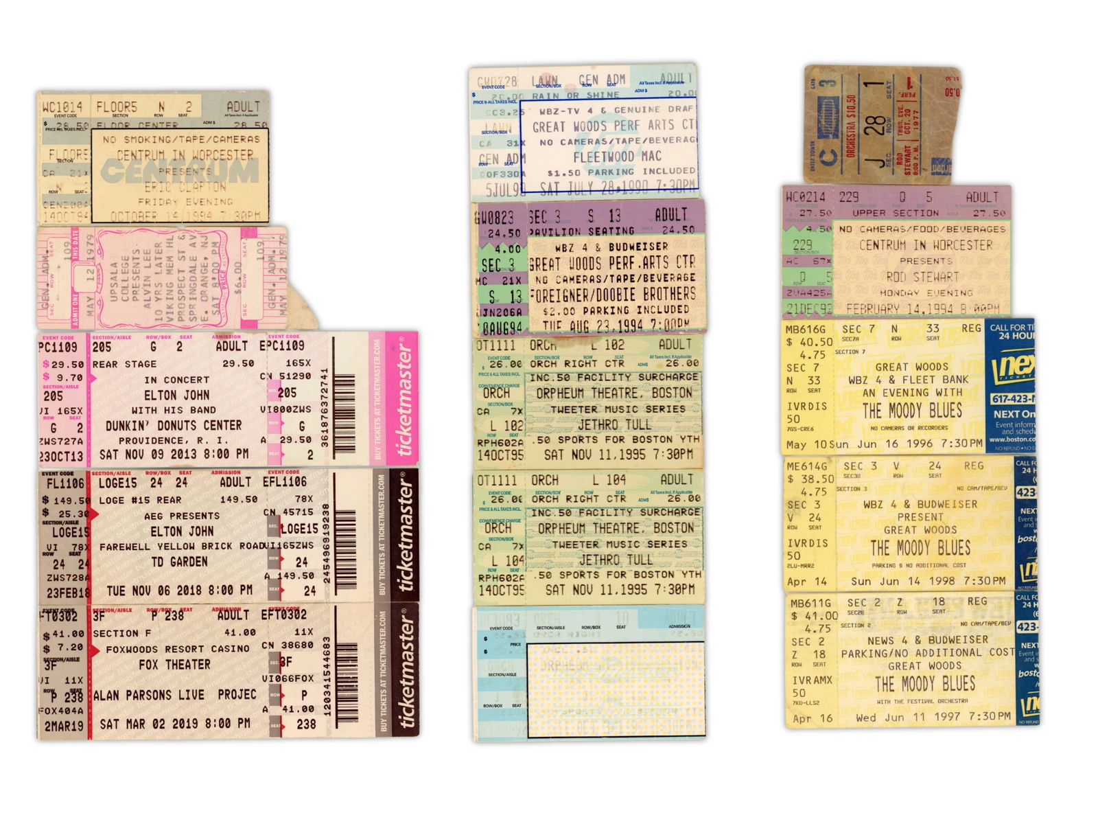 (37) British Musical Acts Ticket Stubs: (37) British Musical Acts Ticket Stubs, Alan Parsons (1), Alvin Lee (1), Elton John (2), Eric Clapton (1), Fleetwood Mac (2), Foreigner (1), Jethro Tull (4), Moody Blues (3), Rod Stewart (3), Roger