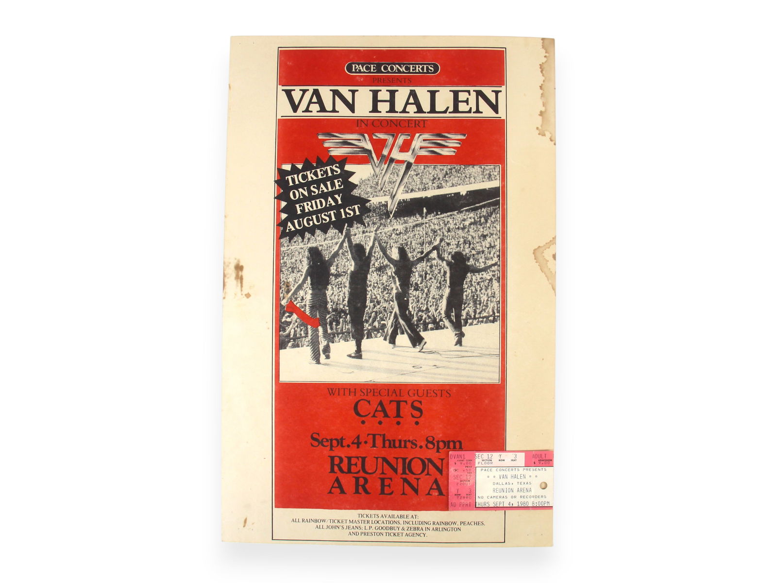 Van Halen Dallas 1980 Concert Poster w/Ticket Stub: Van Halen Concert Poster, Reunion Arena, Dallas TX, Sept. 4 1980, 11x17, some edge and surface staining, with Ticket StubShipping: Weiss Auctions offers full-service, in-house shipping for nearly all