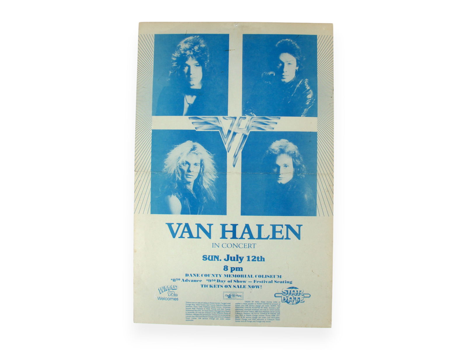 Van Halen 1981 Madison WI Concert Poster: Van Halen Concert Poster, July 12, 1981, Dane County Coliseum, Madison WI, 11x17, fold across center, small tear on fold on left sideShipping: Weiss Auctions offers full-service, in-house shipping