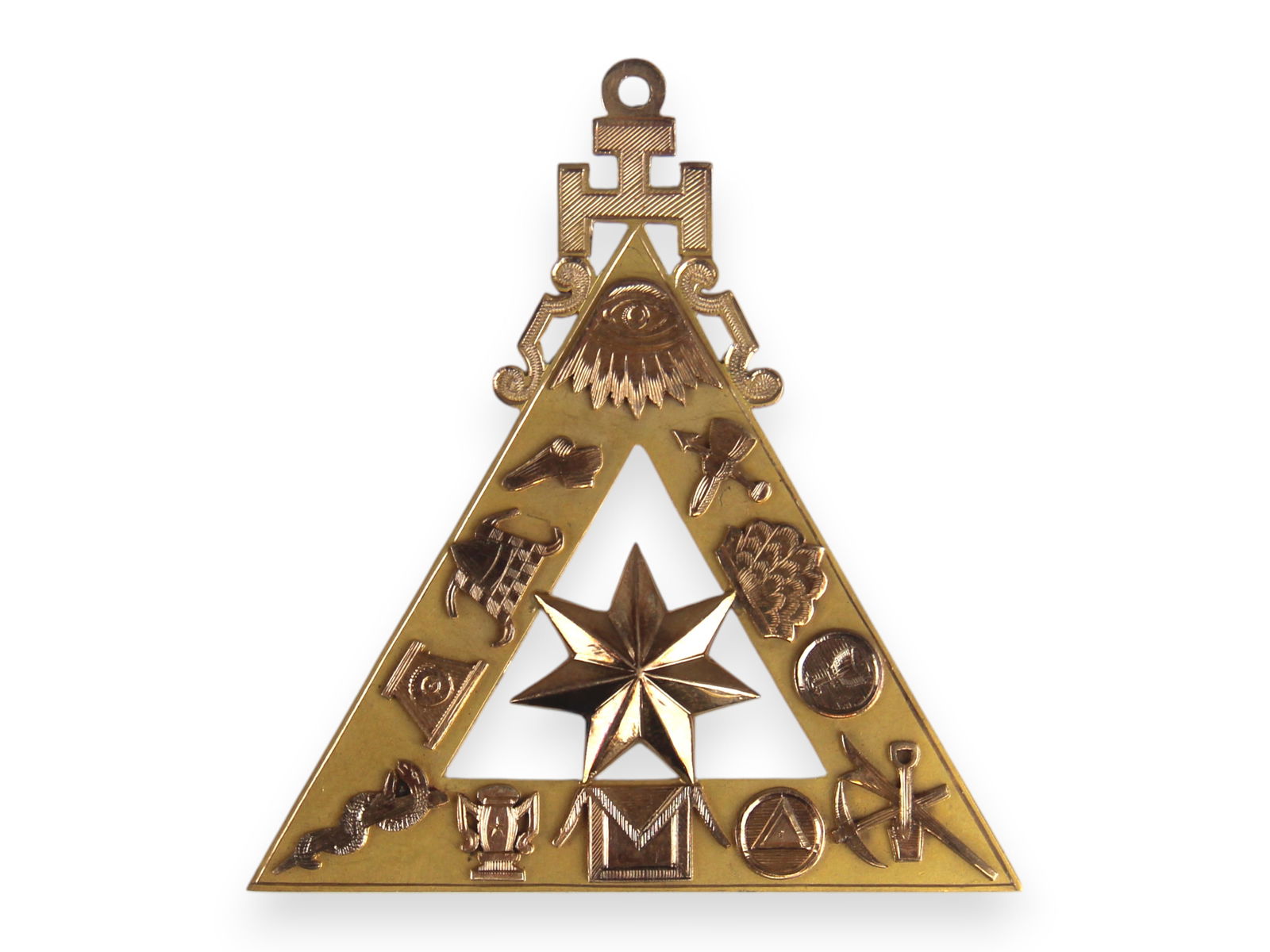 Gold Masonic Badge: Gold Masonic Badge, engraved on rear "Presented to Andrew Kimmel PHP by Service A.I. 2458 Mountain City Royal Arch Chapter No. 196 Pottsville PA December 27th A.D. 1928". Marked 14k but tested to