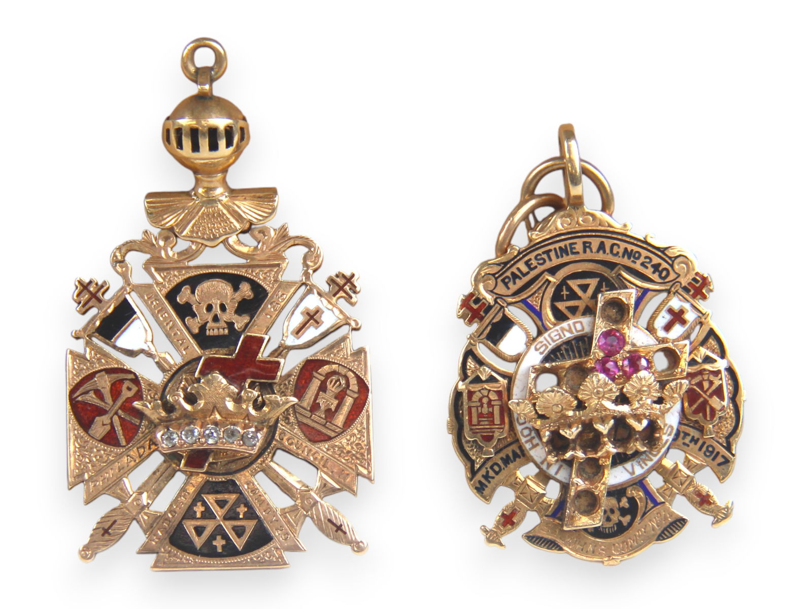 (2) Gold Masonic Badges: 2 Gold Masonic Badges. One to Chas. B. Culbert Potter Lodge 441, the other to Edw. C. Zwicker Mt. Moriah Lodge 155. Tested to approx. 10k. Approx. 1'' x 2'' each.Shipping: Weiss Auctions offers