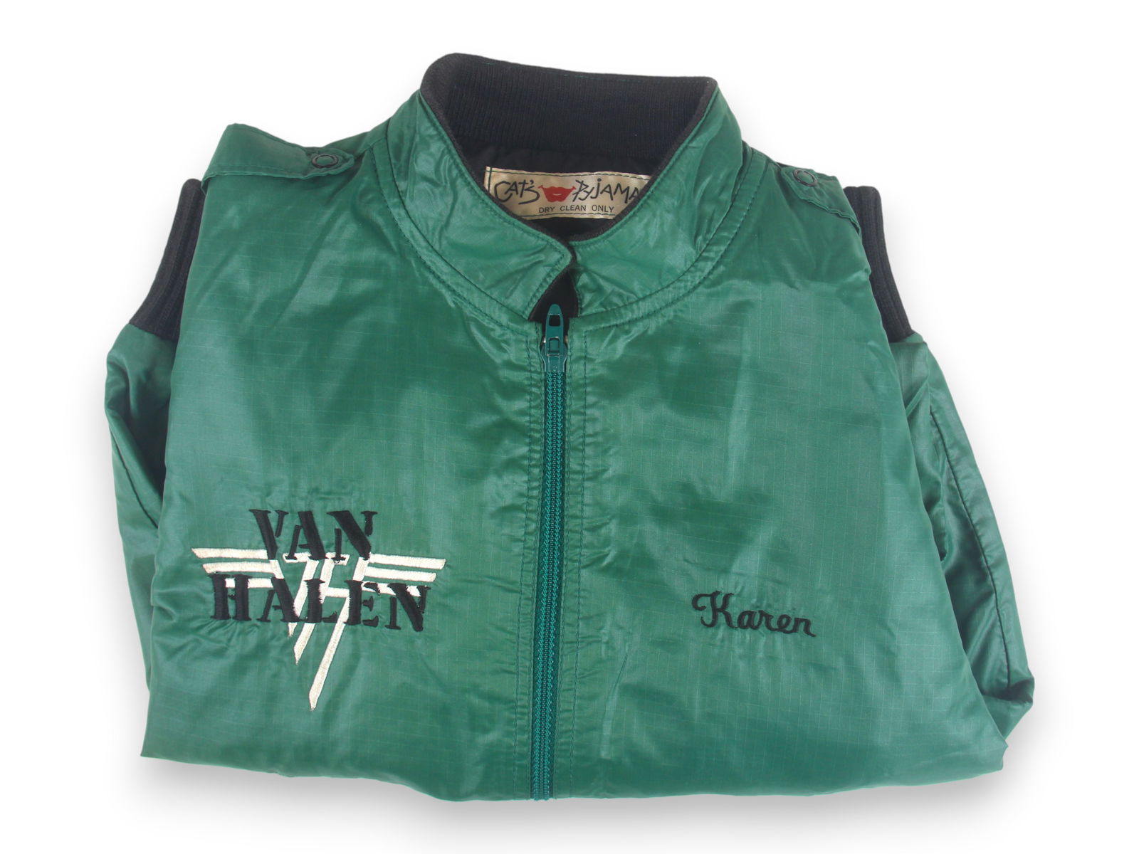 Van Halen 1981 Green Tour Jacket: Van Halen 1981 Green Satin Jacket, "Van Halen" and "Karen" embroidered on front, "ShowLites" embroidered on back, label "Cats Pajamas, Venice, California", epilets, size L, from tour assistant Karen