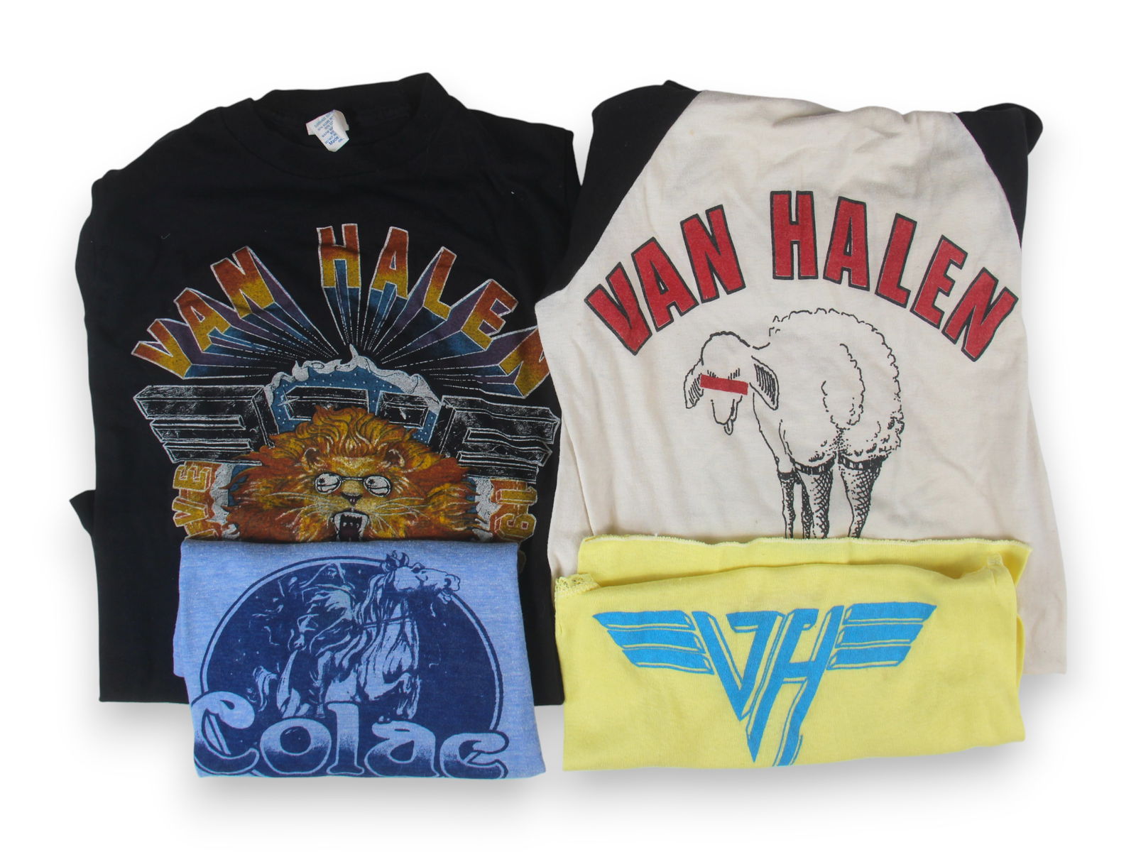 (4) Van Halen 1979-1982 Tour Crew Shirts: Van Halen 1979-1982 Tour Crew Shirts, from tour assistant Karen Cohen collection; 1) Van Halen 1979, Yellow Tank top shirt with fancy lacy edging, size medium; 2) Van Halen 1980, Blue T-Shirt, "Van