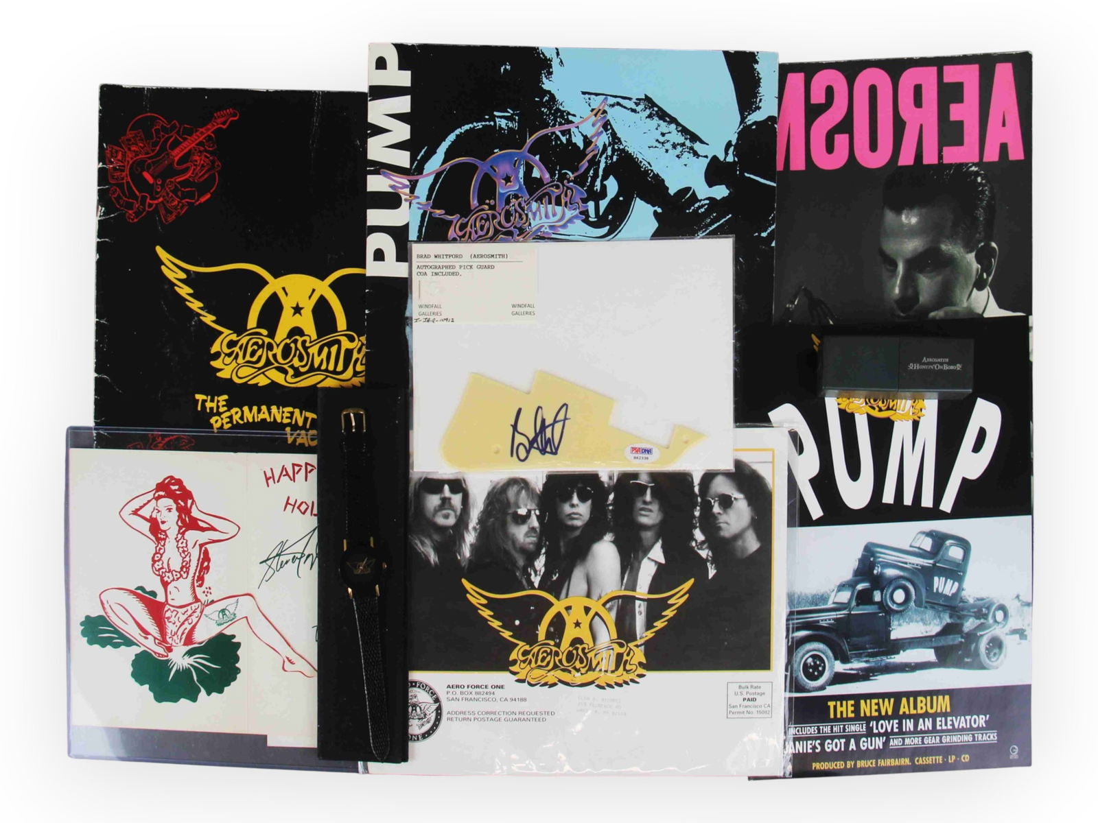 Aerosmith Promos & Concert Programs: Aerosmith Promos & Concert Programs, 1) Honki' On Bobo harmonica in box, 2) Wristwatch in case, 3) Guitar Pickguard signed by Brad Whitford w/ COA, 4) "Get A Grip" pre-release party invitation, 5-10)