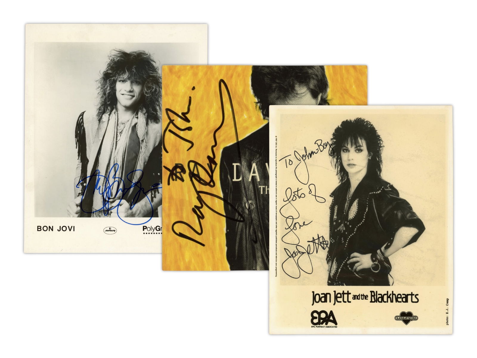 (11) Rock Stars Signed Photos, Bon Jovi, Bee Gees: (10) Rock Stars Signed Photos, in person, 1) Bon Jovi, 2) Bee Gees Maurice, Barry & Robin Gibb, 3) Ray Davies (Kinks), 4) Joan Jett, 5) Willy DeVille, 6) Billy Idol, 7) Robert Gordon, 8) Mick