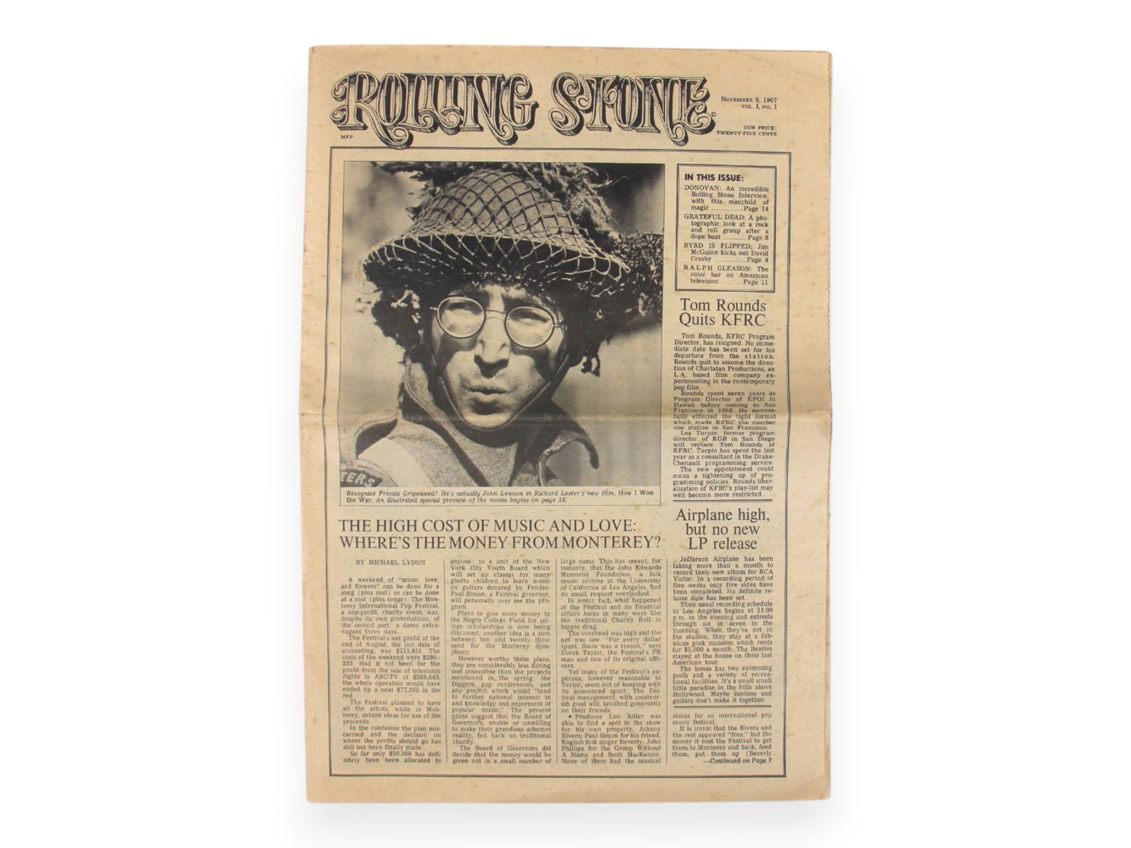 1967 Rolling Stone Magazine No.1, First Issue: November 9, 1967, Vol.1 No.1 "Rolling Stone" Newspaper Magazine. Complete with 24 sheets, all in black and white. Horizontal fold across the center. Overall shows edge and corner wear, some light