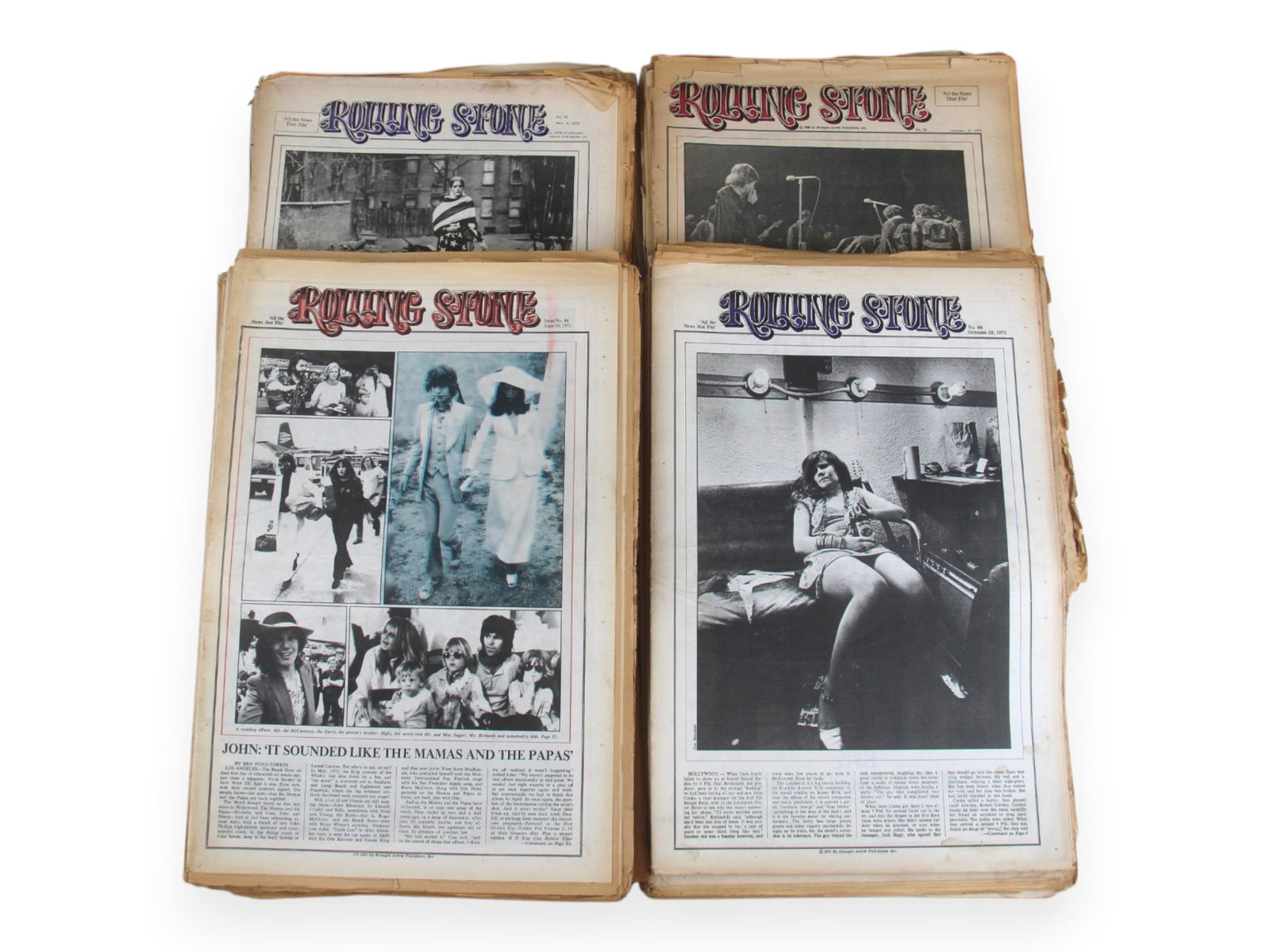 1970-71 Rolling Stone Magazine, 39 Issues: Offered is a group of (39) Rolling Stone Magazines, 1970-71. Includes #50-53, 55-59, 60, 63, 64, 66-77, 79, 81-88, and 90. Issues include Hendrix death, Janis Joplin, and much more. All show edge and