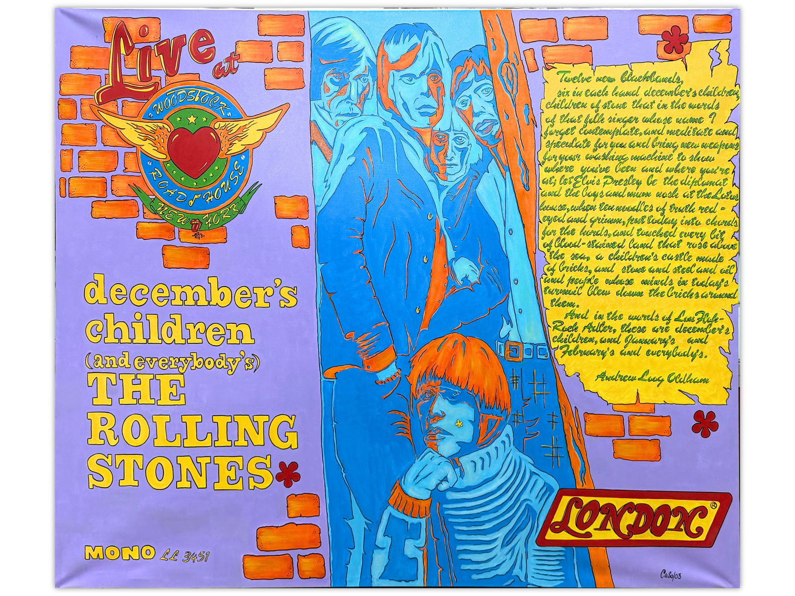 Rolling Stones December's Children Mural Painting: Original fan art mural painting titled "Live at Woodstock" by Julian Caso, dated 2003. Oil on canvas, boldly executed in a vibrant, graphic style inspired by The Rolling Stones - December's Children