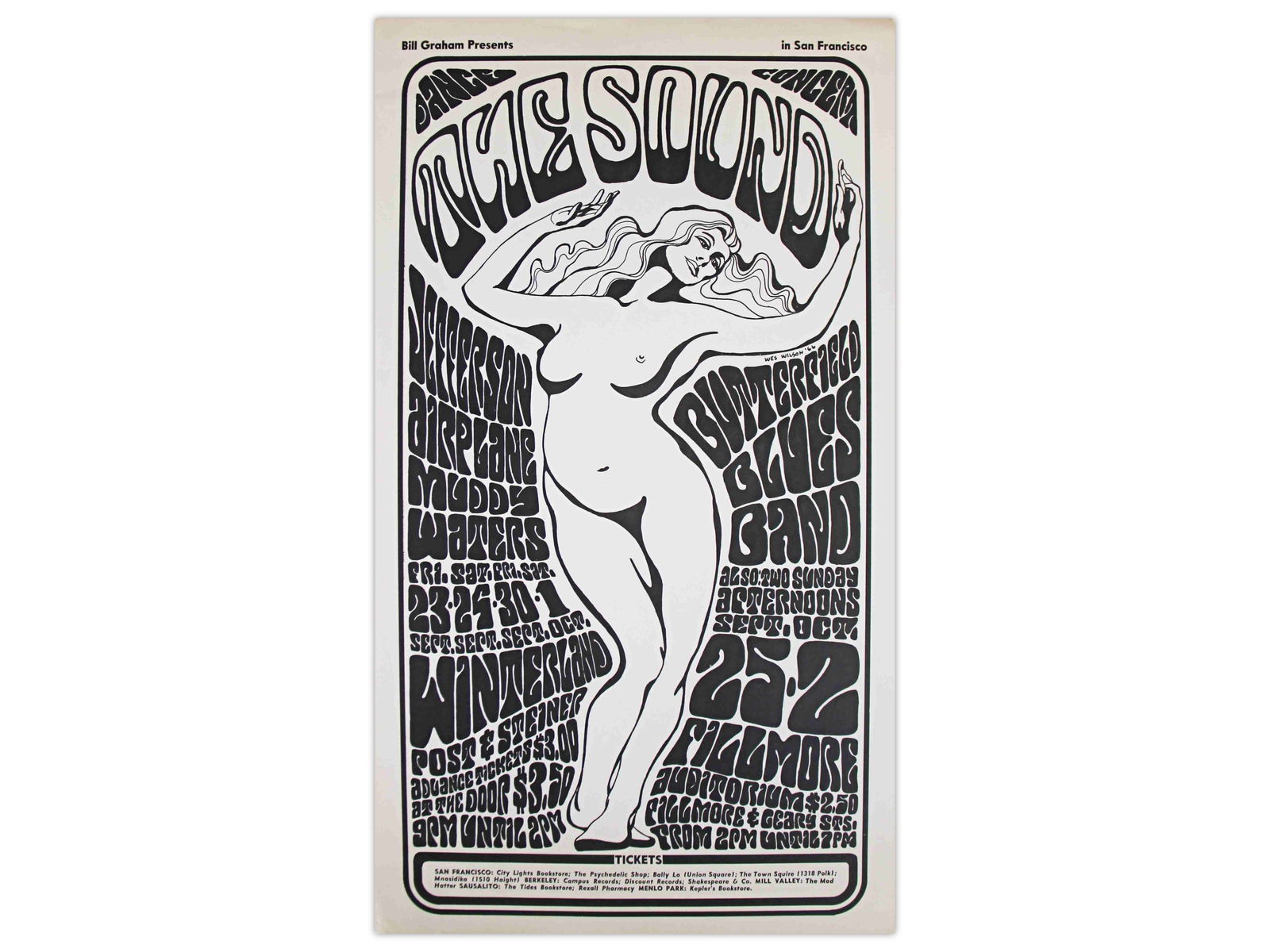 1966 Jefferson Airplane Concert Poster: 1966 Jefferson Airplane Concert poster, "The Sound", art by Wes Wilson, BG-29, Winterland and Fillmore, San Francisco, first-printing black and white version, with Butterfield Blues Band, Muddy