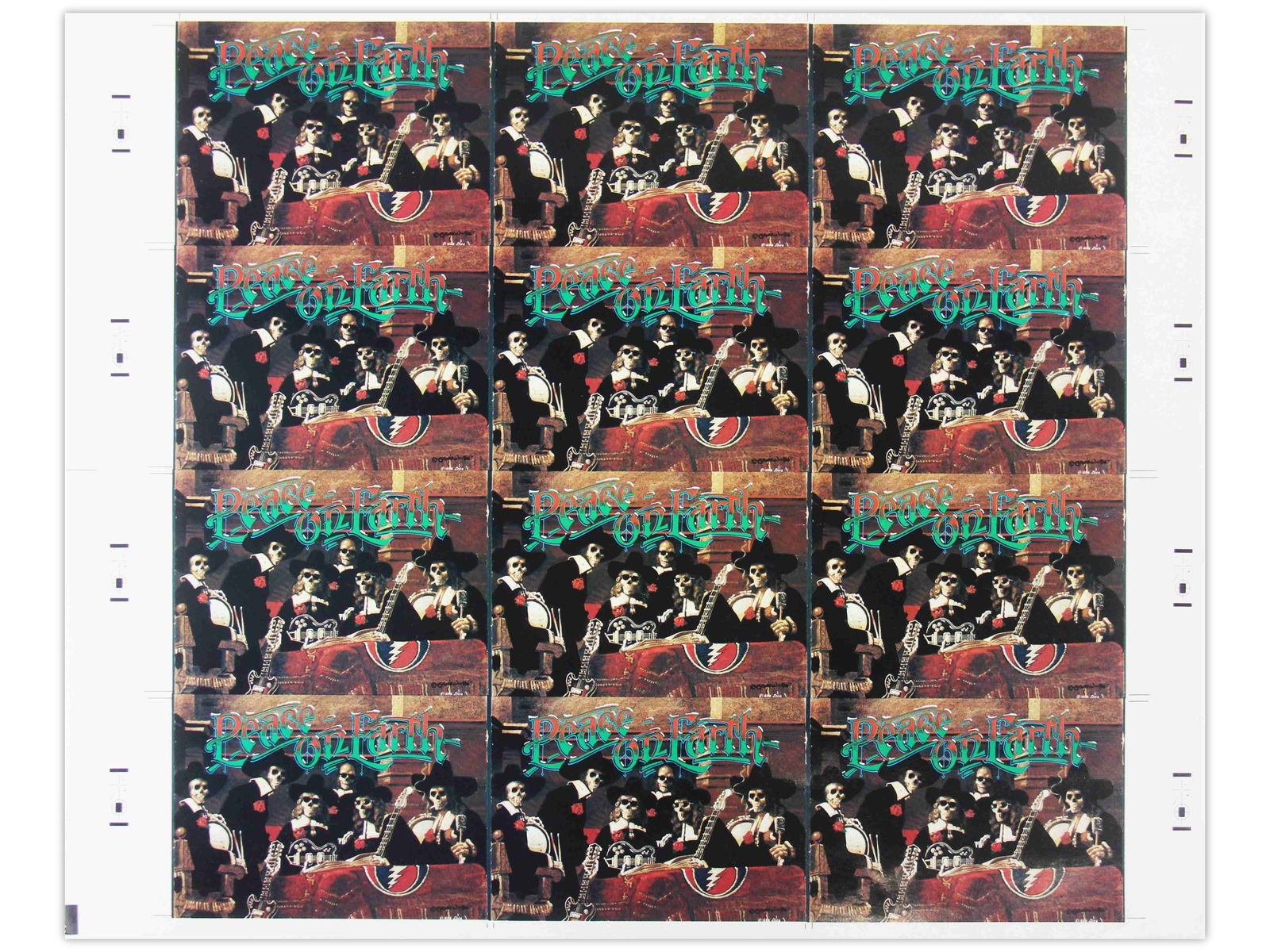 1986 Grateful Dead Holiday Postcard Uncut Sheet: 1987 Grateful Dead Holiday Postcard, uncut sheet, 17" x 22", front "Peace on Earth" with Old Masters as skeletons, reverse "Wishing you and yours a Joyous Christmas, Happy Hanukkah, a prosperous New Y