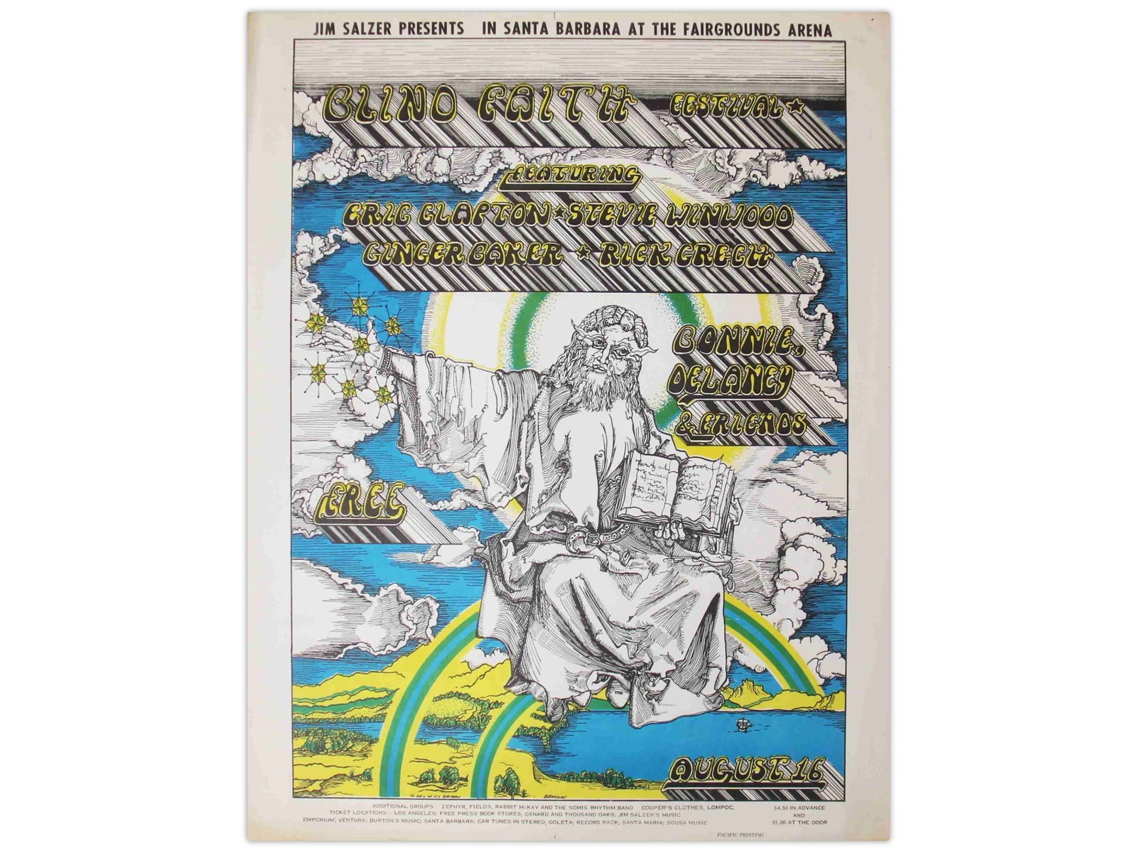Blind Faith Santa Barbara 1969 Concert Poster: Blind Faith Santa Barbara Concert Poster, AOR 3.42, is a classic psychedelic design by Frank Bettencourt for the August 16, 1969 show at the Earl Warren Showgrounds, featuring Eric Clapton, Steve Winw