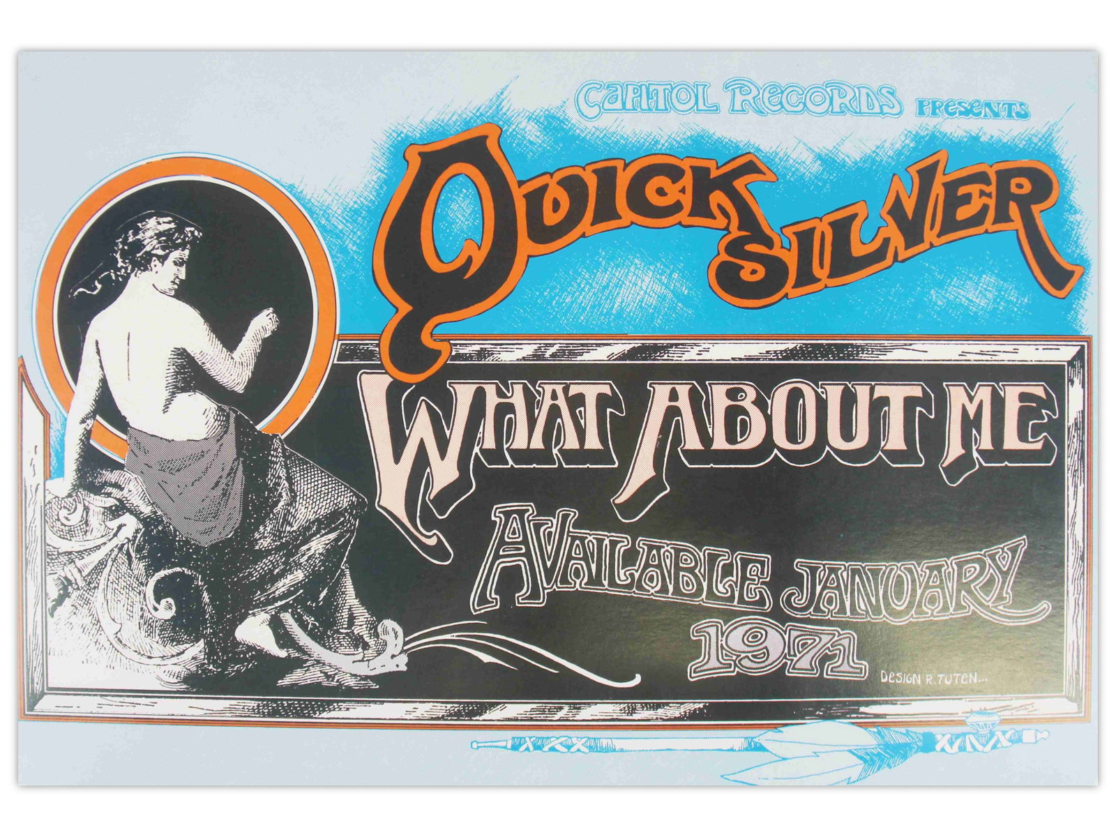 (2) Capitol Records 1971 Promo Posters: (2) Capitol Records 1971 Promo Posters, "Capitol Records Presents", "Available January 1971", each is 11x17, stiff paper, near mint condition,1) Seatrain, art by Rebecca Galliano, 2) Quicksilver
