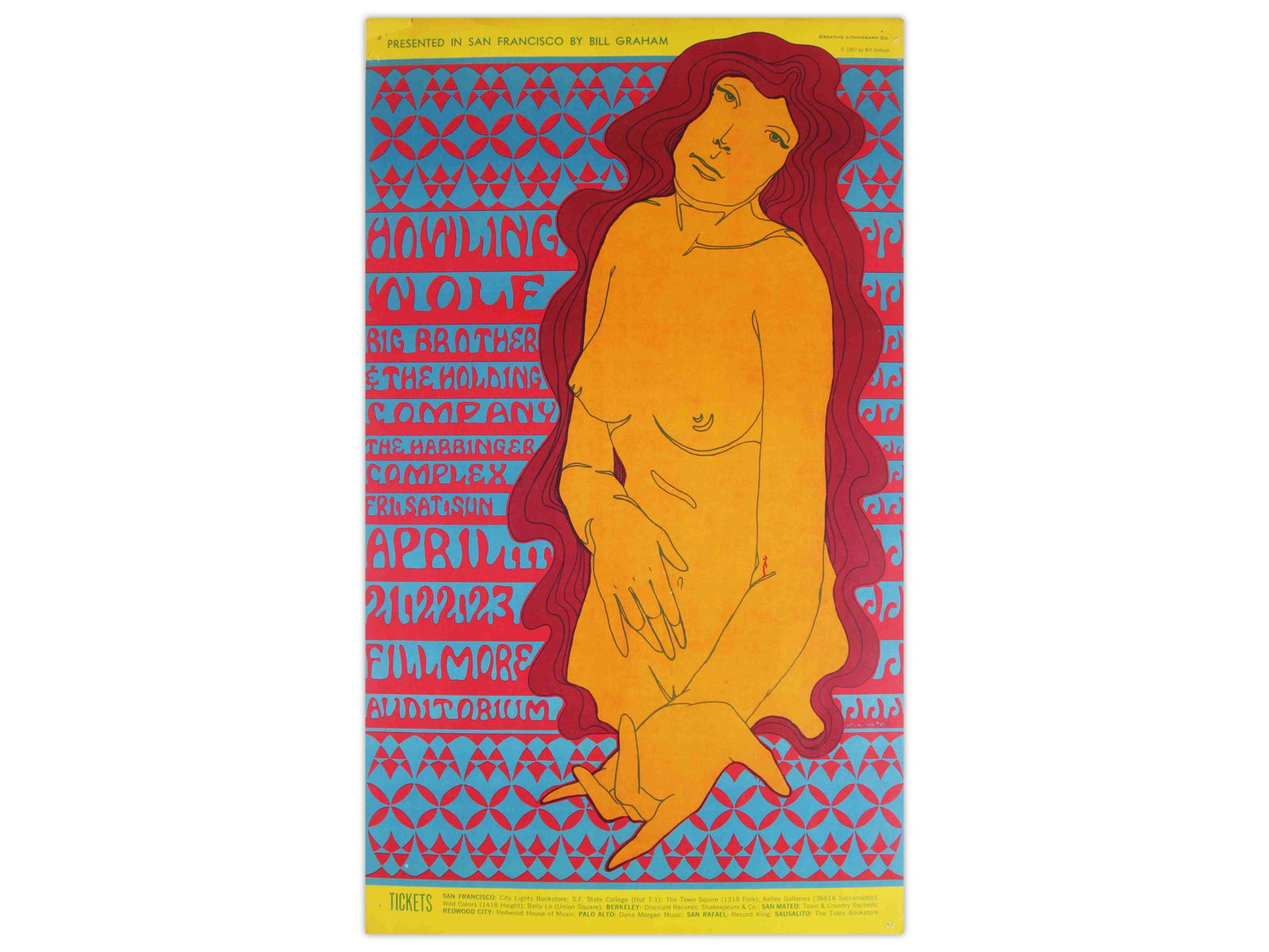 1967 Howlin Wolf Fillmore Concert Poster: Howlin Wolf Fillmore Concert Poster, April 21, 1967, Bill Graham Presents in San Francisco, BG-60, with Big Brother & The Holding Company (Janis Joplin), Harbinger Complex, 14" x 23 3/4", art by Wes W