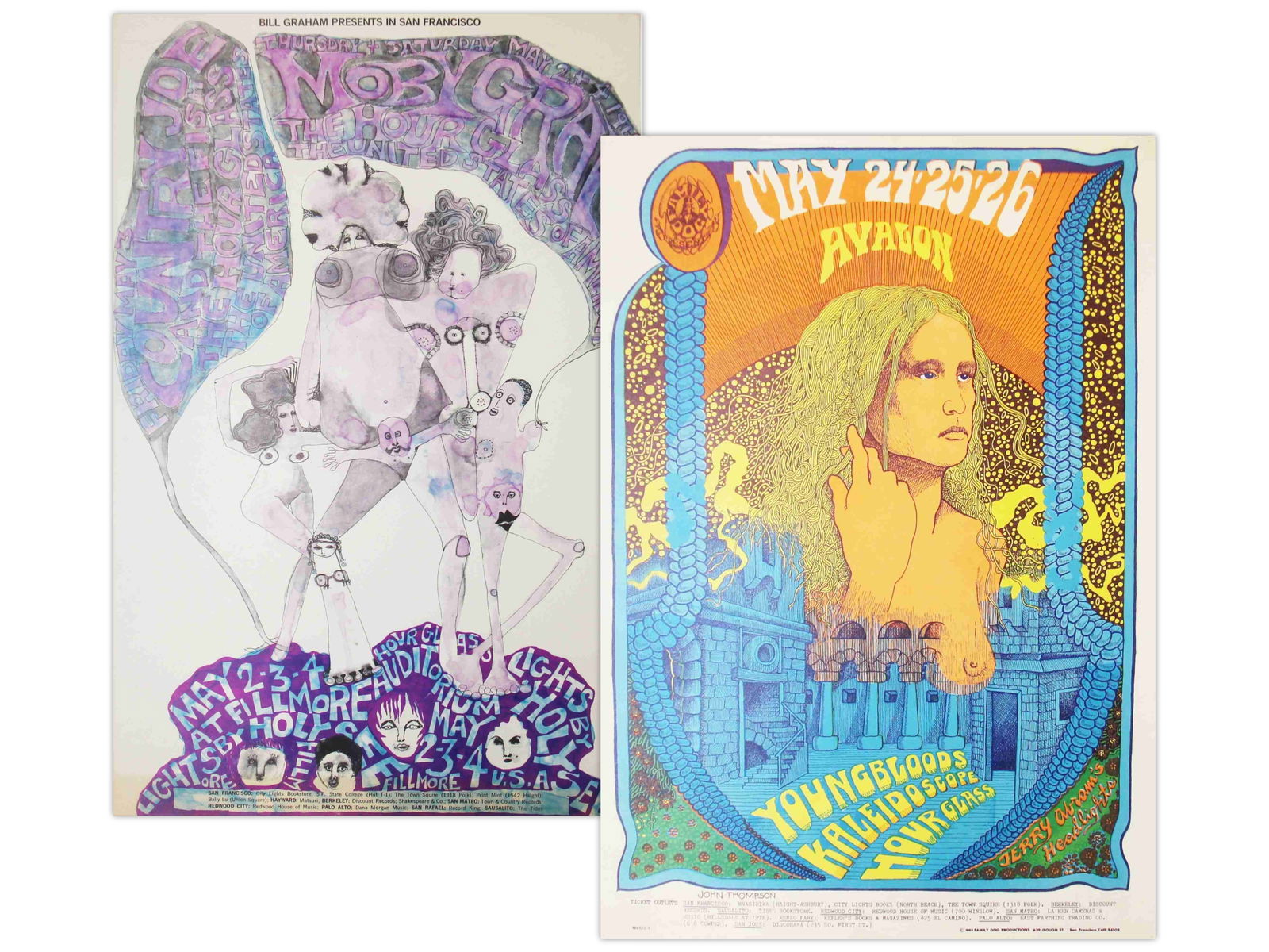 (2) Hour Glass Allman Bros SF Concert Posters: (2) Hour Glass featuring Greg and Duane Allman Concert Posters, first printings, 1) BG118, Bill Graham Presents at Fillmore in San Francisco, Moby Grape, HOUR GLASS, The United States of America, Coun