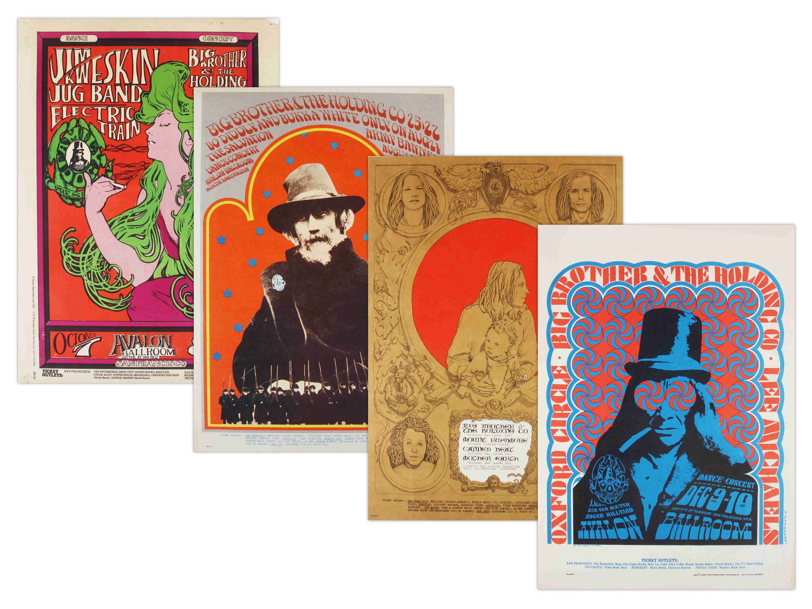 (4) Janis Joplin Family Dog Concert Posters: (4) Janis Joplin Family Dog Concert Posters, Avalon Ballroom, San Francisco, 1) FD-29 (2), Jim Kweskin Jug Band, Big Brother & Holding Co (Joplin), Electric Train, Oct 7-8, 1966, art by Stanley Mouse