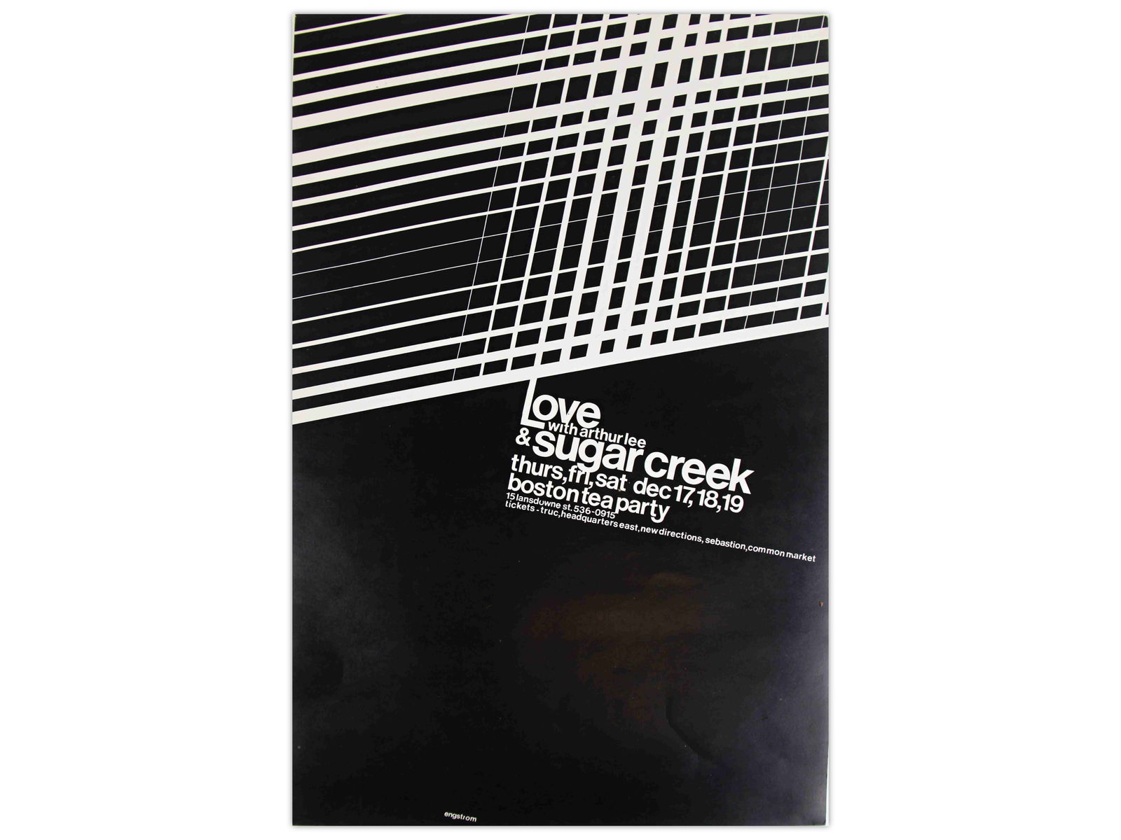 Boston Tea Party 1970 Concert Poster Love: Boston Tea Party Concert Poster, Love with Arthur Lee, Sugar Creek, Dec 17-19, 1970, 11x17, art by Engstrom, minor edge wear and small crease on bottom left corner Shipping: Weiss Auctions offers full