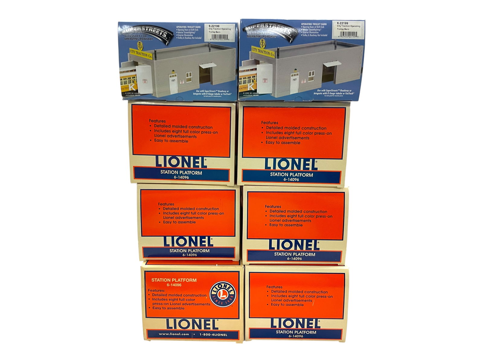 8 Modern Train Accessories: Includes 8 Lionel 14096 Station Platforms; 2 K-Line 22199 Operating Trolley Barns. All appear like new with boxes.Shipping: Weiss Auctions offers full-service, in-house shipping for nearly all items