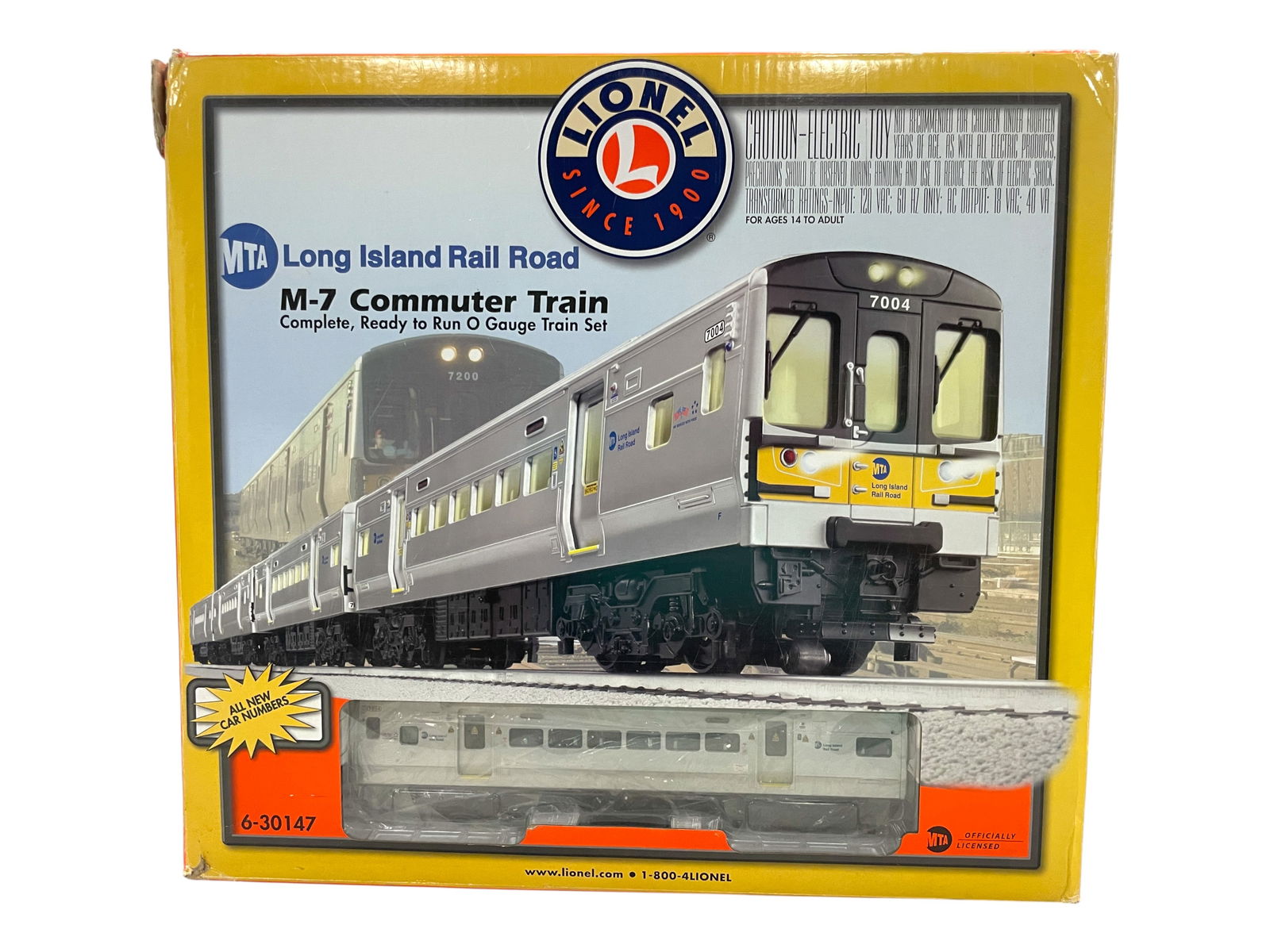Lionel 30147 LIRR M7 Subway Set: Set includes an M7 power car with 3 trailers with horn, signs, figures, FasTrack, transformer, new with shop worn set box. WEISS AUCTIONS Does NOT test or guarantee operation of any locomotive