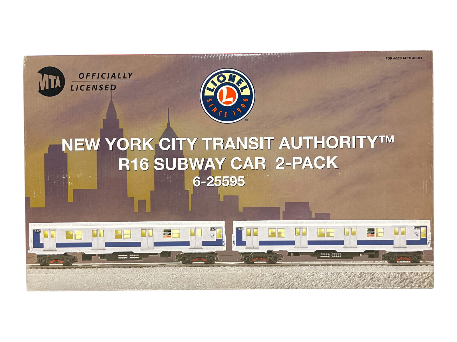Lionel 25595 NYC MTA R16 Add-On Cars: 036. Nice 2-car add-on set. They show light use with set box.Shipping: Weiss Auctions offers full-service, in-house shipping for nearly all items in this auction. For a shipping quote, please contact