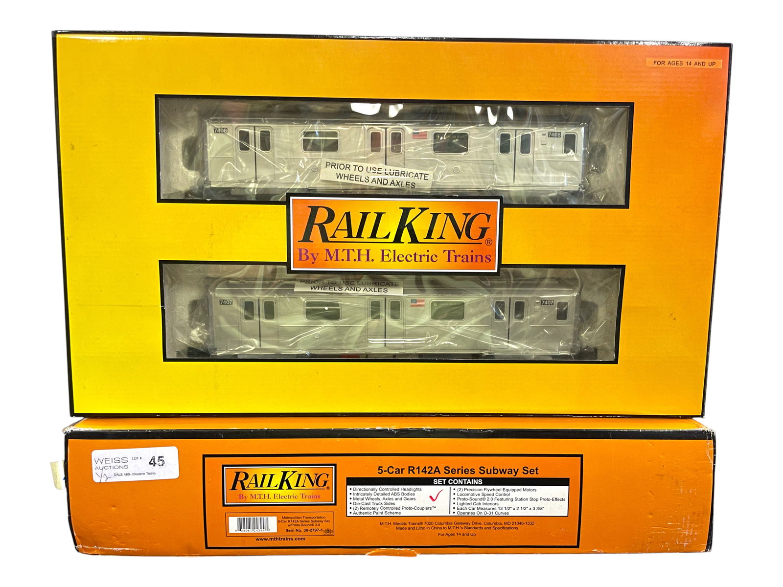 MTH RailKing 7car R142A Subway Set: Includes a 30-2787-1 5-car set equipped with PS2; 30-2797-3 2-car add-on set. They show light run time with set boxes.Shipping: Weiss Auctions offers full-service, in-house shipping for nearly all