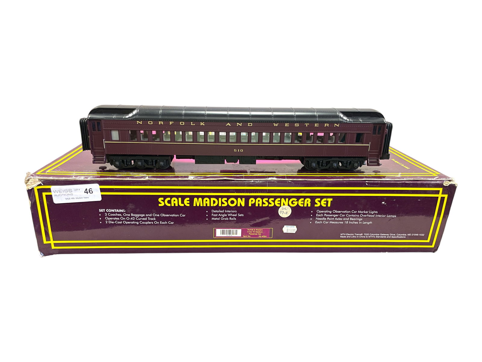 MTH 20-4024 N&W Madison Heavyweight Cars, Plus: Includes the boxed 5-car set, plus loose 510, 512 & 513 additional coaches. All show very light use.Shipping: Weiss Auctions offers full-service, in-house shipping for nearly all items in this