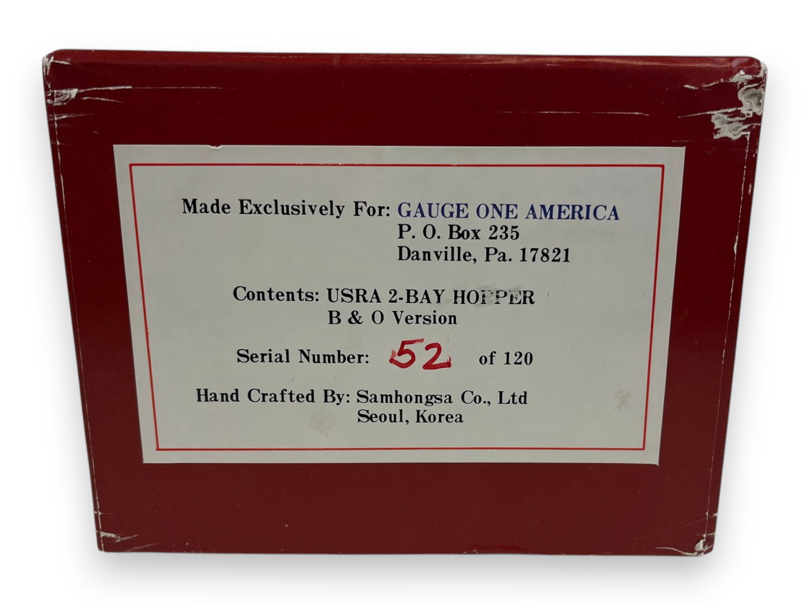 Samhongsa Gauge 1 Brass B&O Hopper: For Gauge One America 52/120 #320836. Super detailed factory painted brass, new in box.Shipping: Weiss Auctions offers full-service, in-house shipping for nearly all items in this auction. For a