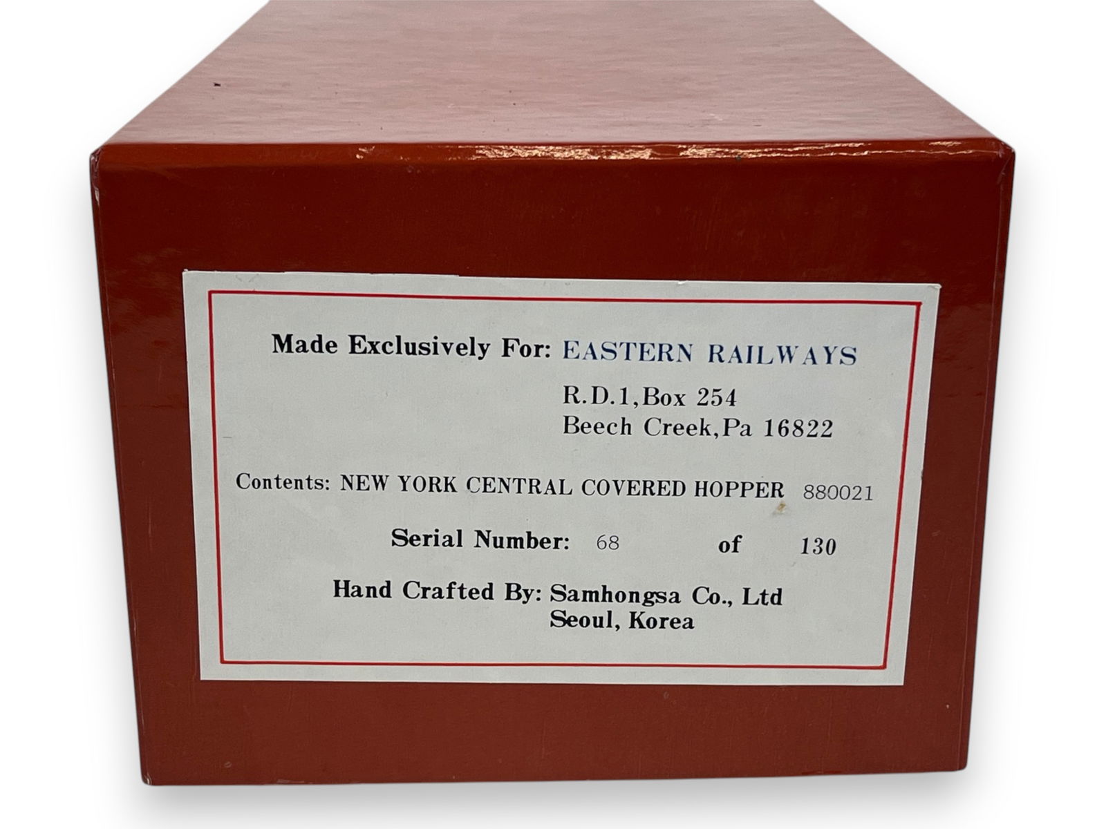 Samhongsa Gauge 1 Brass NYC Cement Hopper: For Eastern Railways 68/130 #880021. Super detailed factory painted brass, new in box.Shipping: Weiss Auctions offers full-service, in-house shipping for nearly all items in this auction. For a