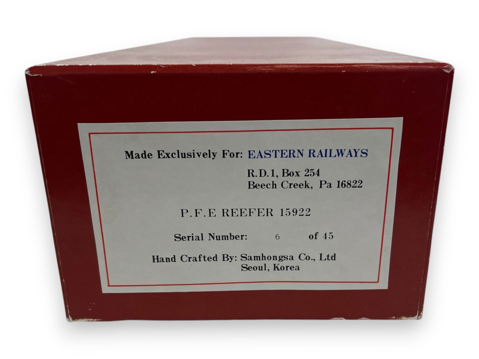 Samhongsa Gauge 1 Brass UP P.F.E. Reefer: For Eastern Railways. Includes PFE yellow reefer 6/45 #15922. Super detailed factory painted brass, new in boxes.Shipping: Weiss Auctions offers full-service, in-house shipping for nearly all items
