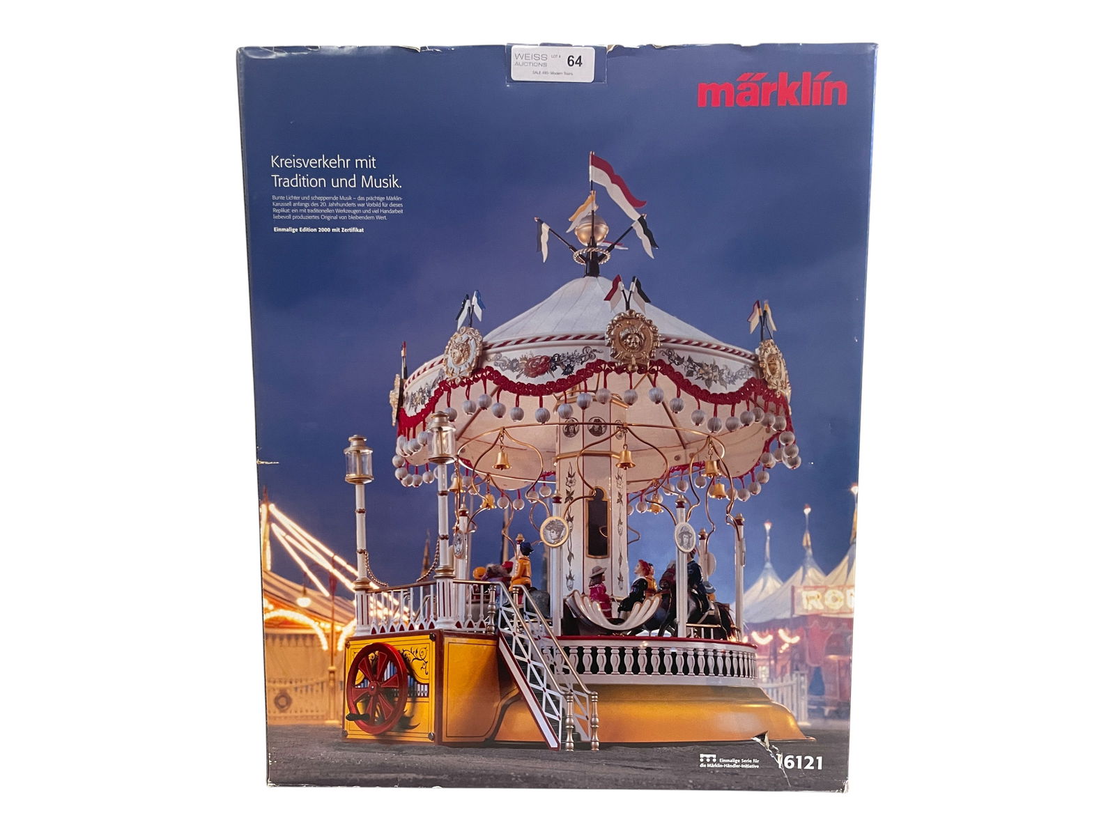 Marklin 16121 Musical Carrousel: 1/G Gauge. Modern Reproduction of Marklin's 1905 8847 Steam Carrousel. It has a crank wheel that rotates the platform and starts the music. It is well detailed with figures and tons of victorian