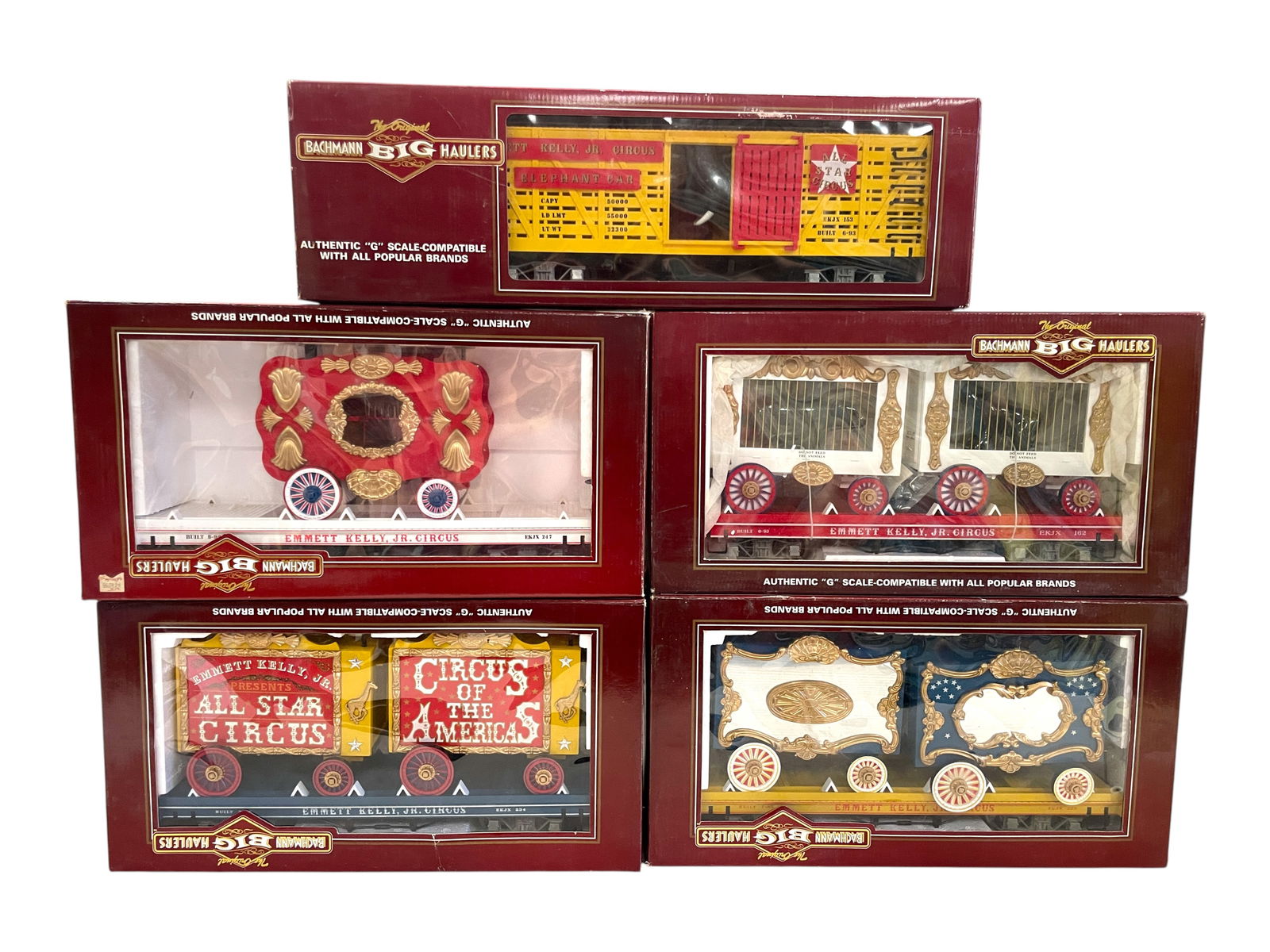 5 Bachmann G Gauge Circus Cars: 1/G Gauge. Includes 98372 Flat with Bear & Gorilla Cages; 92705 Flat with tableau Wagon #1; 92706 Flat with tableau Wagon #2; 98373 Caliope Wagon on flat; 98171 Stock Car with Elephant. All show light
