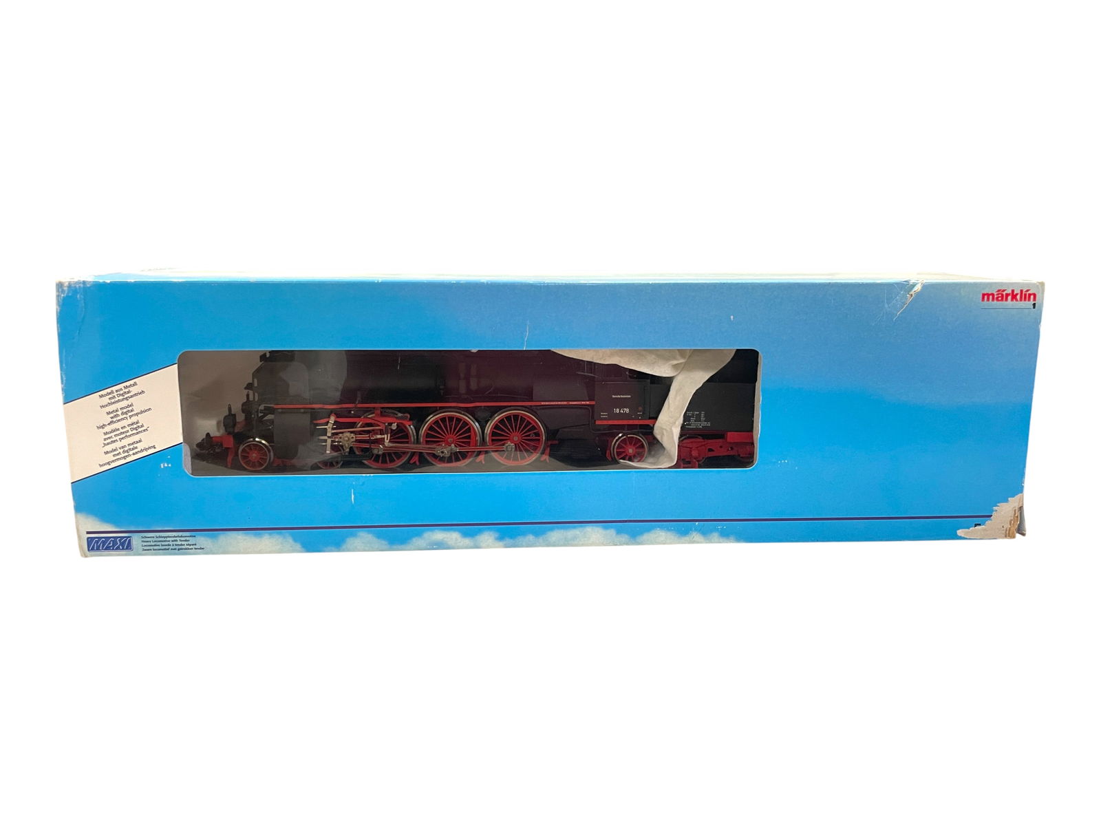 Marklin Maxi 54561: DR18h 478 4-6-2 steam loco & tender on display board. It is digitally upgradable with smoke. It appears lightly handled with paperwork & box. Shipping: Weiss Auctions offers full-service, in-house shi