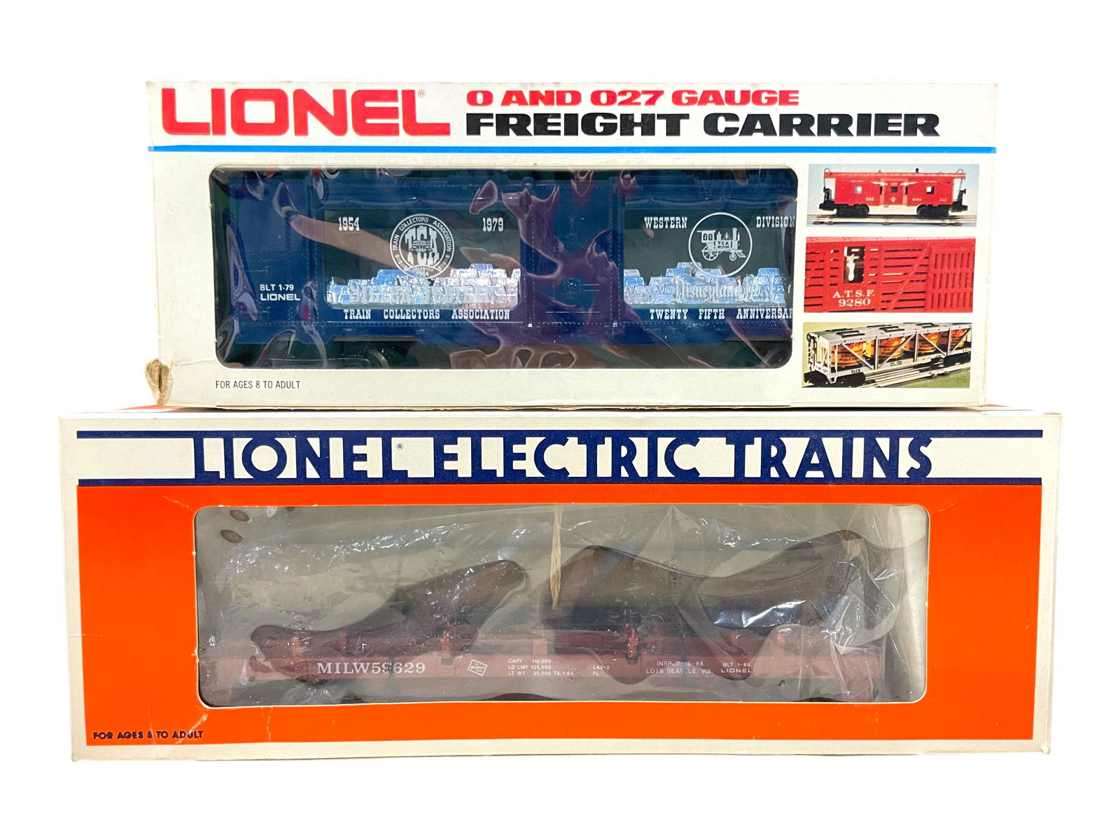 2 Scarce Lionel Specials: Includes a 17874 LOTS Timber Dump Car, ob; 9319 TCA Silver Jubilee Disney Mint Car WITH COIN TOPPER, wrong box. Shipping: Weiss Auctions offers full-service, in-house shipping for nearly all items in